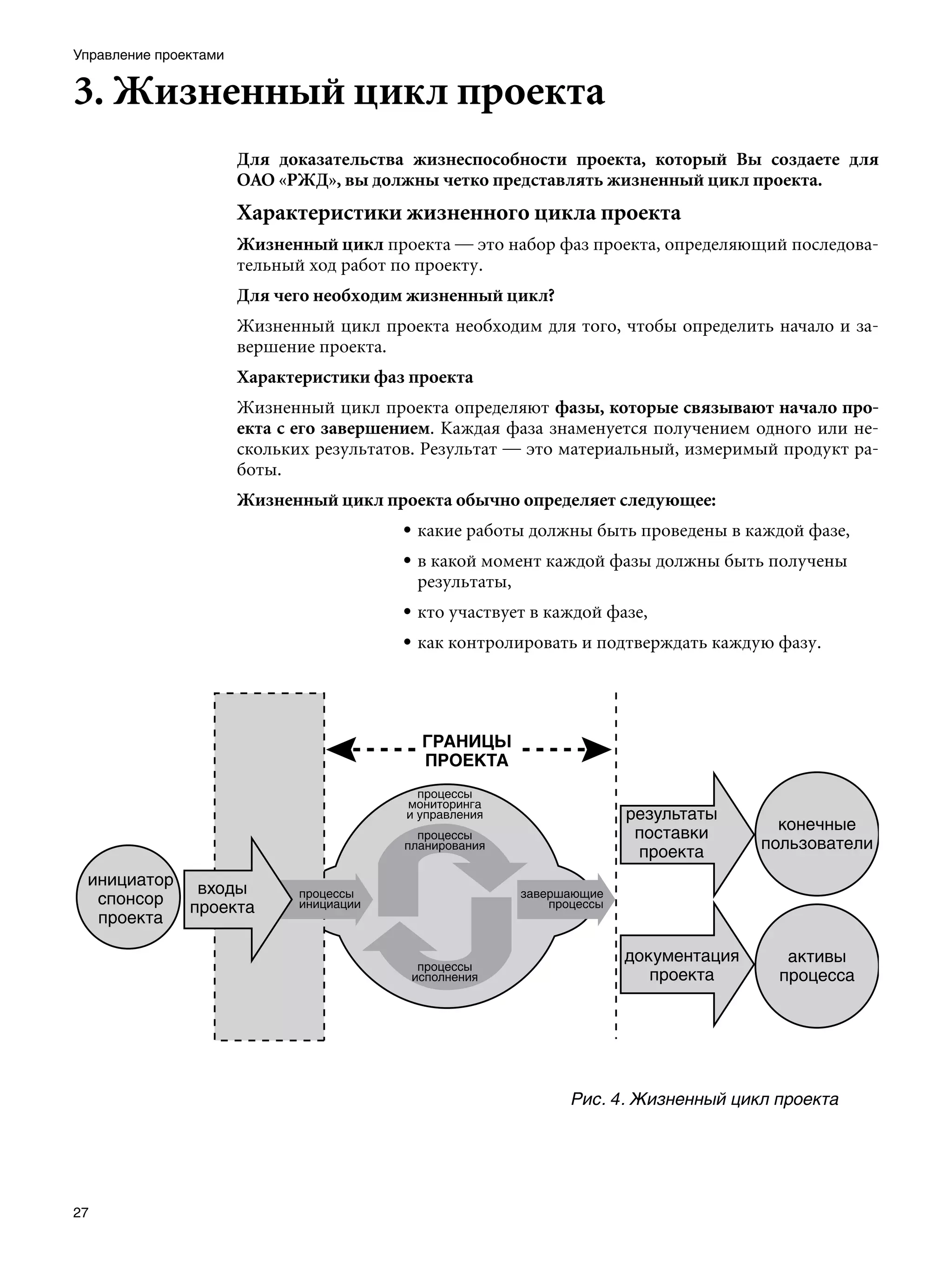Управление проектами


3. Жизненный цикл проекта
                       Для доказательства жизнеспособности проекта, который Вы создаете для
                       ОАО «РЖД», вы должны четко представлять жизненный цикл проекта.
                       Характеристики жизненного цикла проекта
                       Жизненный цикл проекта — это набор фаз проекта, определяющий последова-
                       тельный ход работ по проекту.
                       Для чего необходим жизненный цикл?
                       Жизненный цикл проекта необходим для того, чтобы определить начало и за-
                       вершение проекта.
                       Характеристики фаз проекта
                       Жизненный цикл проекта определяют фазы, которые связывают начало про-
                       екта с его завершением. Каждая фаза знаменуется получением одного или не-
                       скольких результатов. Результат — это материальный, измеримый продукт ра-
                       боты.
                       Жизненный цикл проекта обычно определяет следующее:
                                         • какие работы должны быть проведены в каждой фазе,
                                         • в какой момент каждой фазы должны быть получены
                                           результаты,
                                         • кто участвует в каждой фазе,
                                         • как контролировать и подтверждать каждую фазу.




                                                             Рис. 4.	Жизненный цикл проекта




27
 