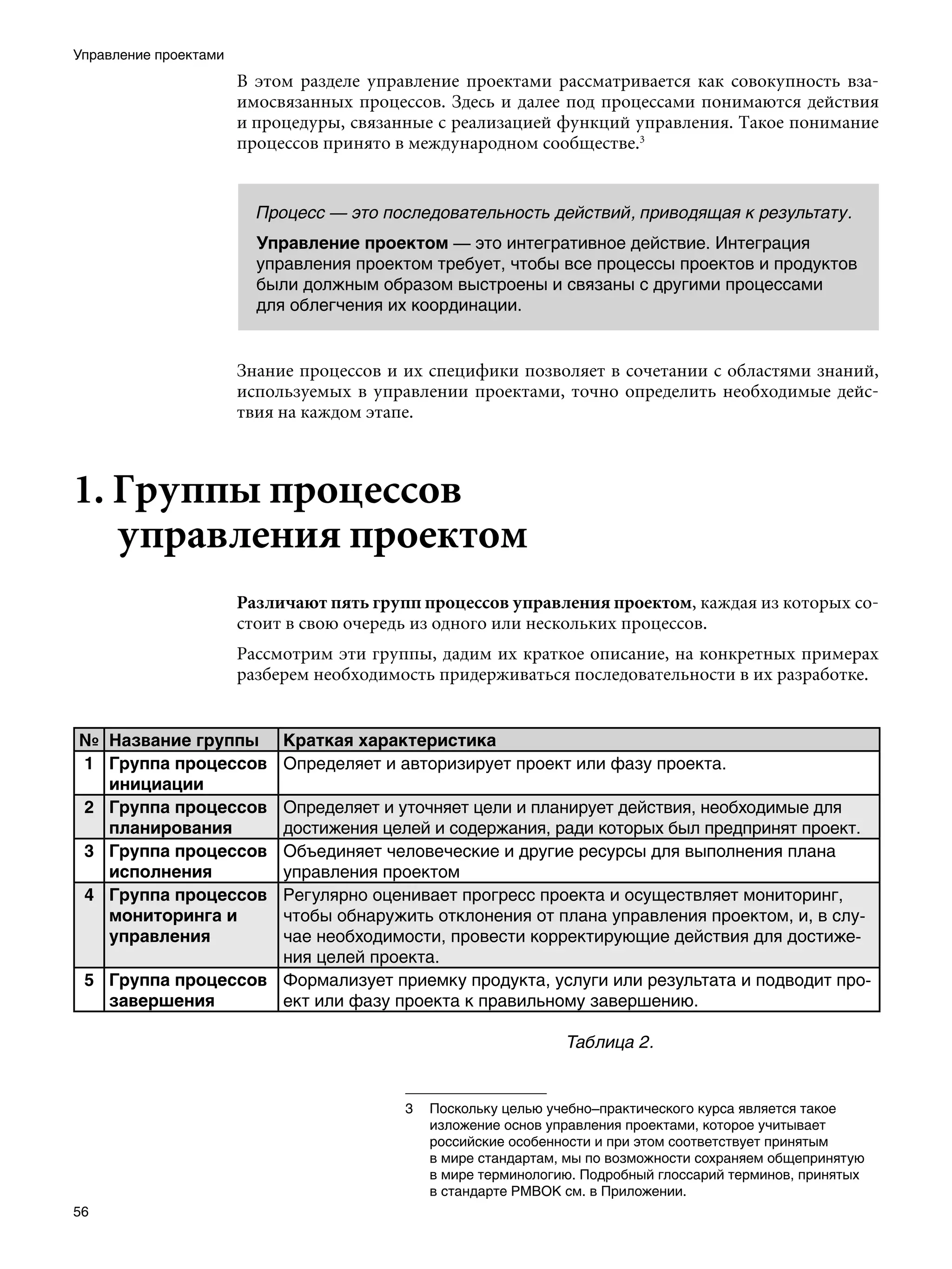 Управление проектами
                       В этом разделе управление проектами рассматривается как совокупность вза-
                       имосвязанных процессов. Здесь и далее под процессами понимаются действия
                       и процедуры, связанные с реализацией функций управления. Такое понимание
                       процессов принято в международном сообществе.3


                         Процесс — это последовательность действий, приводящая к результату.
                         Управление проектом — это интегративное действие. Интеграция
                         управления проектом требует, чтобы все процессы проектов и продуктов
                         были должным образом выстроены и связаны с другими процессами
                         для облегчения их координации.


                       Знание процессов и их специфики позволяет в сочетании с областями знаний,
                       используемых в управлении проектами, точно определить необходимые дейс-
                       твия на каждом этапе.



1. Группы процессов
   управления проектом
                       Различают пять групп процессов управления проектом, каждая из которых со-
                       стоит в свою очередь из одного или нескольких процессов.
                       Рассмотрим эти группы, дадим их краткое описание, на конкретных примерах
                       разберем необходимость придерживаться последовательности в их разработке.


№ Название группы           Краткая характеристика
1 Группа процессов          Определяет и авторизирует проект или фазу проекта.
  инициации
2 Группа процессов  Определяет и уточняет цели и планирует действия, необходимые для
  планирования      достижения целей и содержания, ради которых был предпринят проект.
3 Группа процессов  Объединяет человеческие и другие ресурсы для выполнения плана
  исполнения        управления проектом
4 Группа процессов  Регулярно оценивает прогресс проекта и осуществляет мониторинг,
  мониторинга и     чтобы обнаружить отклонения от плана управления проектом, и, в слу-
  управления        чае необходимости, провести корректирующие действия для достиже-
                    ния целей проекта.
 5 Группа процессов Формализует приемку продукта, услуги или результата и подводит про-
   завершения       ект или фазу проекта к правильному завершению.

                                                               Таблица 2.


                                          	 Поскольку целью учебно–практического курса является такое
                                             изложение основ управления проектами, которое учитывает
                                             российские особенности и при этом соответствует принятым
                                             в мире стандартам, мы по возможности сохраняем общепринятую
                                             в мире терминологию. Подробный глоссарий терминов, принятых
                                             в стандарте PMBOK см. в Приложении.
56
 