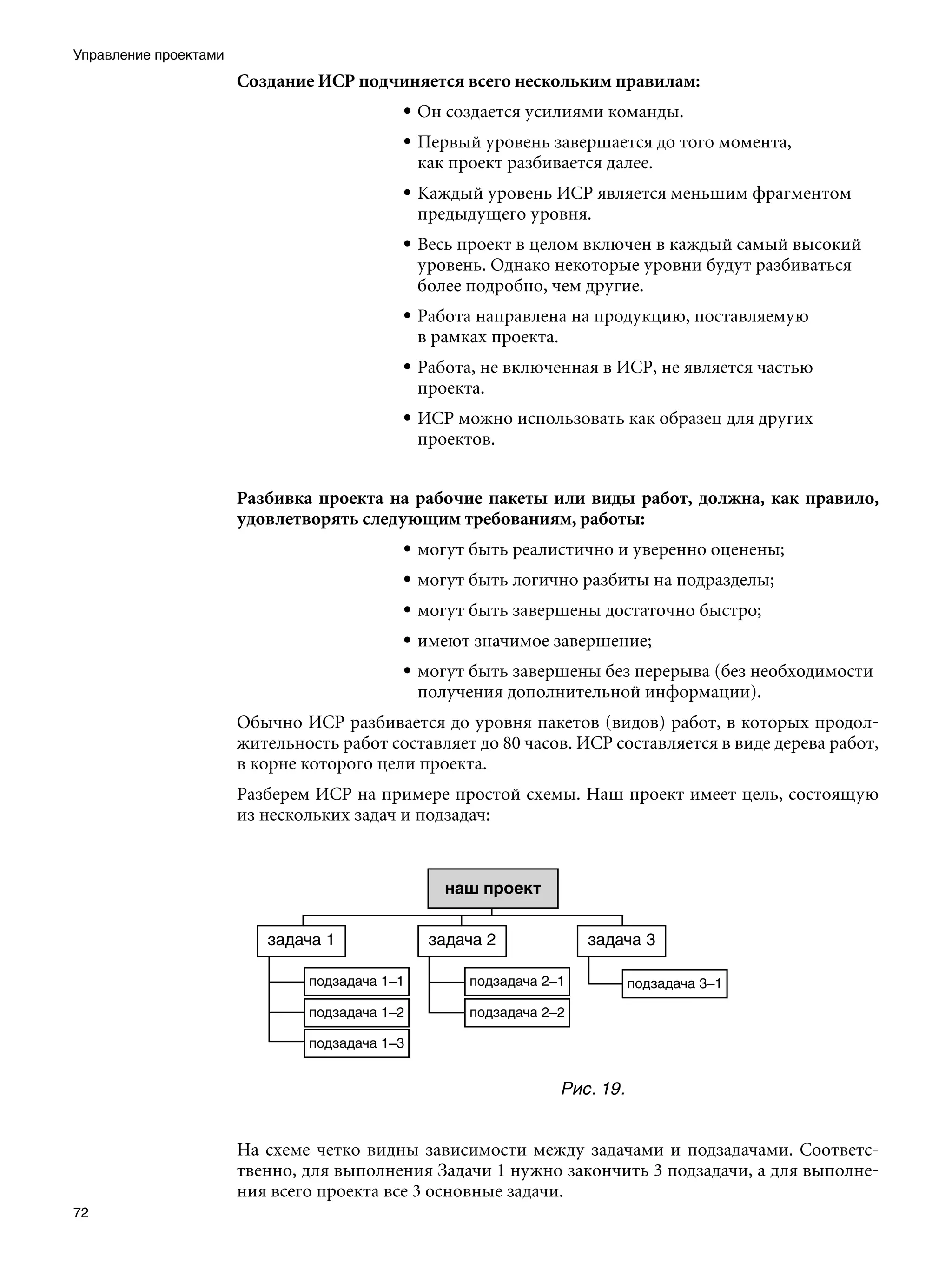 Управление проектами
                       Создание ИСР подчиняется всего нескольким правилам:
                                           • Он создается усилиями команды.
                                           • Первый уровень завершается до того момента,
                                             как проект разбивается далее.
                                           • Каждый уровень ИСР является меньшим фрагментом
                                             предыдущего уровня.
                                           • Весь проект в целом включен в каждый самый высокий
                                             уровень. Однако некоторые уровни будут разбиваться
                                             более подробно, чем другие.
                                           • Работа направлена на продукцию, поставляемую
                                             в рамках проекта.
                                           • Работа, не включенная в ИСР, не является частью
                                             проекта.
                                           • ИСР можно использовать как образец для других
                                             проектов.


                       Разбивка проекта на рабочие пакеты или виды работ, должна, как правило,
                       удовлетворять следующим требованиям, работы:
                                           • могут быть реалистично и уверенно оценены;
                                           • могут быть логично разбиты на подразделы;
                                           • могут быть завершены достаточно быстро;
                                           • имеют значимое завершение;
                                           • могут быть завершены без перерыва (без необходимости
                                             получения дополнительной информации).
                       Обычно ИСР разбивается до уровня пакетов (видов) работ, в которых продол-
                       жительность работ составляет до 80 часов. ИСР составляется в виде дерева работ,
                       в корне которого цели проекта.
                       Разберем ИСР на примере простой схемы. Наш проект имеет цель, состоящую
                       из нескольких задач и подзадач:




                                                              Рис. 19.


                       На схеме четко видны зависимости между задачами и подзадачами. Соответс-
                       твенно, для выполнения Задачи 1 нужно закончить 3 подзадачи, а для выполне-
                       ния всего проекта все 3 основные задачи.
72
 