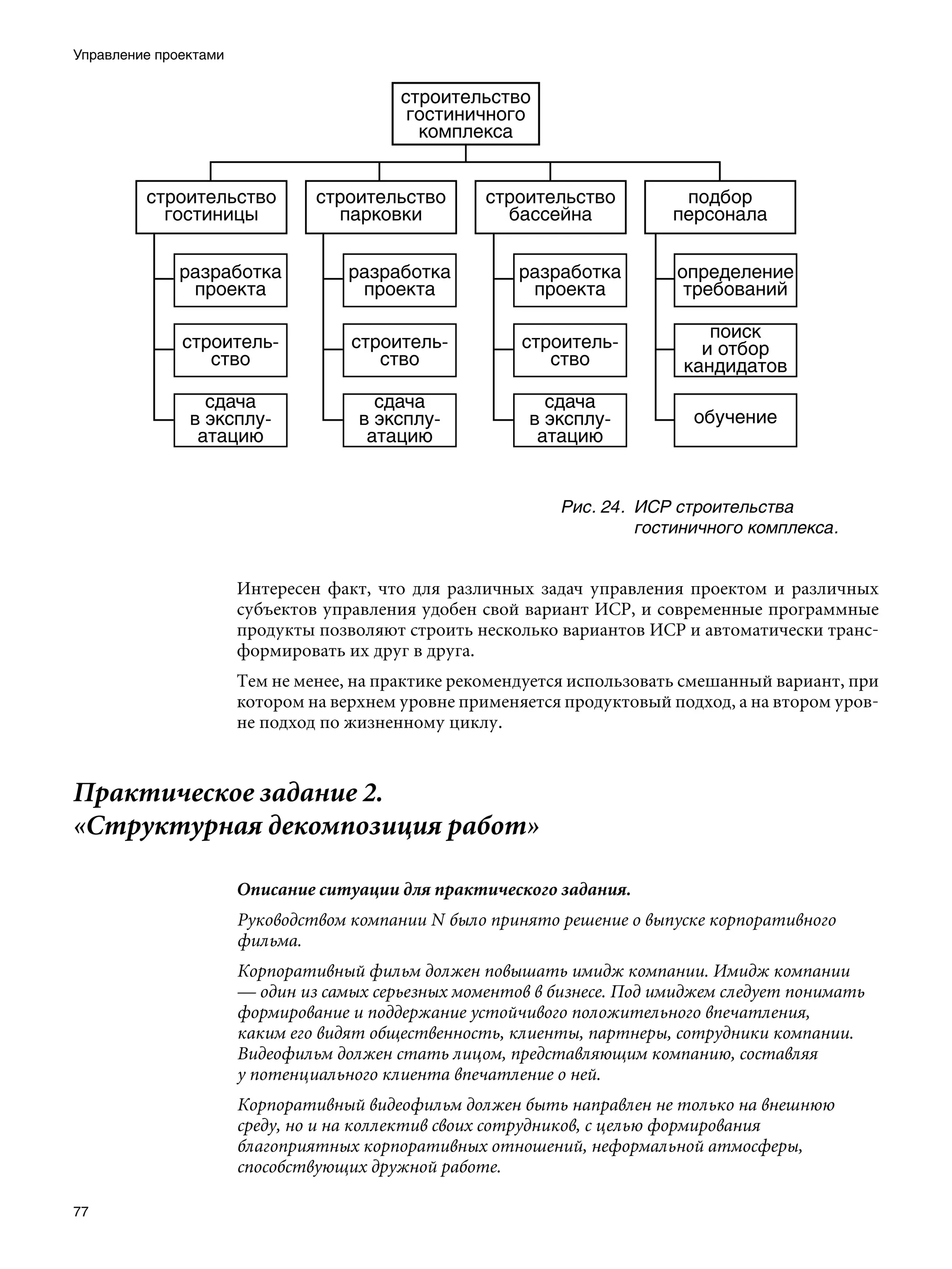 Управление проектами




                                                             Рис. 24.	 ИСР строительства
                                                                       гостиничного комплекса.


                       Интересен факт, что для различных задач управления проектом и различных
                       субъектов управления удобен свой вариант ИСР, и современные программные
                       продукты позволяют строить несколько вариантов ИСР и автоматически транс-
                       формировать их друг в друга.
                       Тем не менее, на практике рекомендуется использовать смешанный вариант, при
                       котором на верхнем уровне применяется продуктовый подход, а на втором уров-
                       не подход по жизненному циклу.



Практическое задание 2.
«Структурная декомпозиция работ»

                       Описание ситуации для практического задания.
                       Руководством компании N было принято решение о выпуске корпоративного
                       фильма.
                       Корпоративный фильм должен повышать имидж компании. Имидж компании
                       — один из самых серьезных моментов в бизнесе. Под имиджем следует понимать
                       формирование и поддержание устойчивого положительного впечатления,
                       каким его видят общественность, клиенты, партнеры, сотрудники компании.
                       Видеофильм должен стать лицом, представляющим компанию, составляя
                       у потенциального клиента впечатление о ней.
                       Корпоративный видеофильм должен быть направлен не только на внешнюю
                       среду, но и на коллектив своих сотрудников, с целью формирования
                       благоприятных корпоративных отношений, неформальной атмосферы,
                       способствующих дружной работе.

77
 