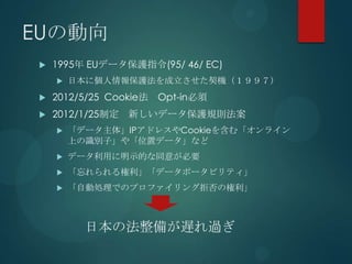 EUの動向
   1995年 EUデータ保護指令(95/ 46/ EC)
       日本に個人情報保護法を成立させた契機（１９９７）
   2012/5/25 Cookie法 Opt-in必須
   2012/1/25制定 新しいデータ保護規則法案
       「データ主体」IPアドレスやCookieを含む「オンライン
        上の識別子」や「位置データ」など
       データ利用に明示的な同意が必要
       「忘れられる権利」「データポータビリティ」
       「自動処理でのプロファイリング拒否の権利」



          日本の法整備が遅れ過ぎ
 