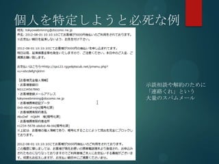 個人を特定しようと必死な例



          示談相談や解約のために
          「連絡くれ」という
          大量のスパムメール
 