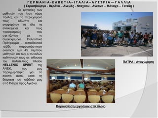Γ Ε Ρ Μ Α Ν Ι Α - Ε Λ Β Ε Τ Ι Α – Ι Τ Α Λ Ι Α – Α Υ Σ Τ Ρ Ι Α –– Γ Α Λ Λ Ι Α
                ( Στρασβούργο - Βερόνα – Ανεμάς - Νταχάου - Ανκόνα – Μόναχο – Γενεύη )
           Οι εργασίες των
μαθητών που ήταν πάρα
πολλές και το περιεχόμενό
τους       κάλυπτε         και
αναφερόταν σε όλα τα
αντικείμενα     και      τους
προορισμούς              που
σχετίζονταν       με        το
συγκεκριμένο     Πολιτιστικό
Πρόγραμμα – εκπαιδευτικό
ταξίδι,     παρουσιάστηκαν
ενώπιον των 45 περίπου
μαθητών και των 4 συνοδών
καθηγητών τους σε αίθουσα
του     πολυτελούς     πλοίου                                                          ΠΑΤΡΑ - Αναχώρηση
HELLENIC       SPIRIT     της
ΑΝΕΚ,         που         μας
παραχωρήθηκε        για     το
σκοπό     αυτό,    κατά     τη
διάρκεια του ταξιδιού μας
από Πάτρα προς Αγκόνα.




                                       Παρουσίαση εργασιών στο πλοίο
 