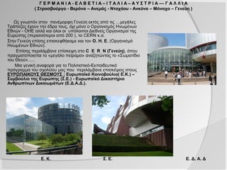 Γ Ε Ρ Μ Α Ν Ι Α - Ε Λ Β Ε Τ Ι Α – Ι Τ Α Λ Ι Α – Α Υ Σ Τ Ρ Ι Α –– Γ Α Λ Λ Ι Α
            ( Στρασβούργο - Βερόνα – Ανεμάς - Νταχάου - Ανκόνα – Μόναχο – Γενεύη )


   Ως γνωστόν στην πανέμορφη Γενεύη εκτός από τις …μεγάλες
Τράπεζες έχουν την έδρα τους, όχι μόνο ο Οργανισμός Ηνωμένων
Εθνών - ΟΗΕ αλλά και όλοι οι υπόλοιποι Διεθνείς Οργανισμοί της
Ευρώπης (περισσότεροι από 200 ), το CERN κ.α.
Στην Γενεύη επίσης επισκεφθήκαμε και τον Ο. Η. Ε. (Οργανισμό
Ηνωμένων Εθνών).
    Επίσης περιλάμβανε επίσκεψη στο C E R N (Γενεύη), όπου
πραγματοποιείται το «μεγάλο πείραμα» αναζητώντας το «Σωματίδιο
του Θεού»…..
    Μια γενική αναφορά για το Πολιτιστικό-Εκπαιδευτικό
πρόγραμμα του σχολείου μας που περιλάμβανε επισκέψεις στους
ΕΥΡΩΠΑΙΚΟΥΣ ΘΕΣΜΟΥΣ : Ευρωπαϊκό Κοινοβούλιο( Ε.Κ.) –
Συμβούλιο της Ευρώπης (Σ.Ε.) - Ευρωπαϊκό Δικαστήριο
Ανθρωπίνων Δικαιωμάτων (Ε.Δ.Α.Δ.).




               Ε. Κ.                          Σ. Ε.                                    Ε. Δ. Α. Δ
 