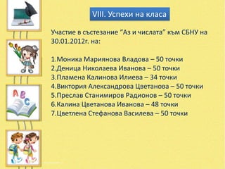 VІІІ. Успехи на класа

Участие в състезание “Аз и числата” към СБНУ на
30.01.2012г. на:

1.Моника Мариянова Владова – 50 точки
2.Деница Николаева Иванова – 50 точки
3.Пламена Калинова Илиева – 34 точки
4.Виктория Александрова Цветанова – 50 точки
5.Преслав Станимиров Радионов – 50 точки
6.Калина Цветанова Иванова – 48 точки
7.Цветлена Стефанова Василева – 50 точки
 