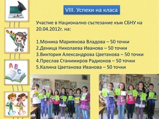 VІІІ. Успехи на класа

Участие в Национално състезание към СБНУ на
20.04.2012г. на:

1.Моника Мариянова Владова – 50 точки
2.Деница Николаева Иванова – 50 точки
3.Виктория Александрова Цветанова – 50 точки
4.Преслав Станимиров Радионов – 50 точки
5.Калина Цветанова Иванова – 50 точки
 