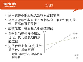 经验

• 商用软件不能满足大规模系统的需求
• 采用开源软件与自主开发相结合，有更好的可控
  性，更高的可扩展性
• 规模效应，研发投入都是值得的
• 在软件和硬件多个层次
  优化，优化是长期持续
  的过程
• 先平台后业务 vs 先业务
  后平台，后者更顺
 –发挥边际效应，提高资源
  利用率                     33
 