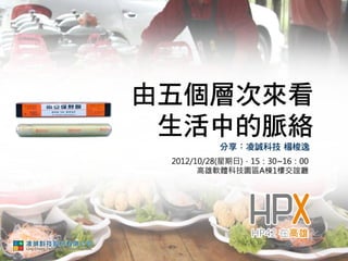 由五個層次來看
生活中的脈絡
   凌誠科技股份有限公司
       楊梭逸 經理
 2012.10.28 於 HPX高雄場
 
