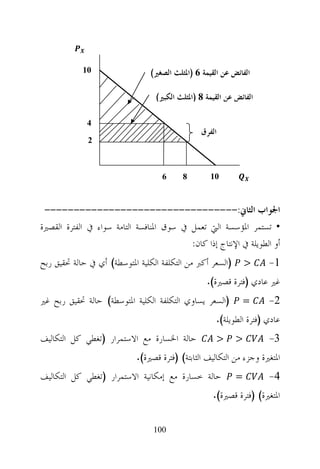 ‫01‬                  ‫ﺍﻟﻔﺎﺋﺾ ﻋﻦ ﺍﻟﻘﻴﻤﺔ 6 )ﺍﳌﺜﻠﺚ ﺍﻟﺼﻐﲑ(‬

                                  ‫ﺍﻟﻔﺎﺋﺾ ﻋﻦ ﺍﻟﻘﻴﻤﺔ 8 )ﺍﳌﺜﻠﺚ ﺍﻟﻜﺒﲑ(‬

             ‫4‬
                                                ‫ﺍﻟﻔﺮﻕ‬
             ‫2‬



                                    ‫6‬     ‫8‬        ‫01‬



 ‫ﺍﳉﻮﺍﺏ ﺍﻟﺜﺎﱐ:---------------------------------‬
‫• ﺗﺴﺘﻤﺮ ﺍﳌﺆﺳﺴﺔ ﺍﻟﱵ ﺗﻌﻤﻞ ﰲ ﺳﻮﻕ ﺍﳌﻨﺎﻓﺴﺔ ﺍﻟﺘﺎﻣﺔ ﺳﻮﺍﺀ ﰲ ﺍﻟﻔﺘﺮﺓ ﺍﻟﻘﺼﲑﺓ‬
                                          ‫ﺃﻭ ﺍﻟﻄﻮﻳﻠﺔ ﰲ ﺍﻹﻧﺘﺎﺝ ﺇﺫﺍ ﻛﺎﻥ:‬
‫)ﺍﻟﺴﻌﺮ ﺃﻛﱪ ﻣﻦ ﺍﻟﺘﻜﻠﻔﺔ ﺍﻟﻜﻠﻴﺔ ﺍﳌﺘﻮﺳﻄﺔ( ﺃﻱ ﰲ ﺣﺎﻟﺔ ﲢﻘﻴﻖ ﺭﺑﺢ‬        ‫>‬    ‫1-‬
                                                  ‫ﻏﲑ ﻋﺎﺩﻱ )ﻓﺘﺮﺓ ﻗﺼﲑﺓ(.‬
‫)ﺍﻟﺴﻌﺮ ﻳﺴﺎﻭﻱ ﺍﻟﺘﻜﻠﻔﺔ ﺍﻟﻜﻠﻴﺔ ﺍﳌﺘﻮﺳﻄﺔ( ﺣﺎﻟﺔ ﲢﻘﻴﻖ ﺭﺑﺢ ﻏﲑ‬         ‫=‬      ‫2-‬
                                                     ‫ﻋﺎﺩﻱ )ﻓﺘﺮﺓ ﺍﻟﻄﻮﻳﻠﺔ(.‬
‫ﺣﺎﻟﺔ ﺍﳋﺴﺎﺭﺓ ﻣﻊ ﺍﻻﺳﺘﻤﺮﺍﺭ )ﺗﻐﻄﻲ ﻛﻞ ﺍﻟﺘﻜﺎﻟﻴﻒ‬            ‫>‬      ‫>‬        ‫3-‬
                            ‫ﺍﳌﺘﻐﲑﺓ ﻭﺟﺰﺀ ﻣﻦ ﺍﻟﺘﻜﺎﻟﻴﻒ ﺍﻟﺜﺎﺑﺘﺔ( )ﻓﺘﺮﺓ ﻗﺼﲑﺓ(.‬
‫ﺣﺎﻟﺔ ﺧﺴﺎﺭﺓ ﻣﻊ ﺇﻣﻜﺎﻧﻴﺔ ﺍﻻﺳﺘﻤﺮﺍﺭ )ﺗﻐﻄﻲ ﻛﻞ ﺍﻟﺘﻜﺎﻟﻴﻒ‬            ‫=‬        ‫4-‬
                                                    ‫ﺍﳌﺘﻐﲑﺓ( )ﻓﺘﺮﺓ ﻗﺼﲑﺓ(.‬

                                 ‫001‬
 