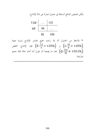 ‫ﳝﻜﻦ ﺗﻠﺨﻴﺺ ﺍﻟﻨﺘﺎﺋﺞ ﺍﻟﺴﺎﺑﻘﺔ ﰲ ﺟﺪﻭﻝ ﻋﺒﺎﺭﺓ ﻋﻦ ﺩﺍﻟﺔ ﺍﻹﻧﺘﺎﺝ:‬

                  ‫5.7‬        ‫....‬     ‫251‬
                   ‫6‬         ‫89‬           ‫...‬
                             ‫8‬            ‫01‬

‫• ﻧﻼﺣﻆ ﻣﻦ ﺍﳉﺪﻭﻝ ﺃﻧﻪ ﺇﺫﺍ ﺯﺍﺩﺕ ﲨﻴﻊ ﻋﻨﺎﺻﺮ ﺍﻹﻧﺘﺎﺝ ﺑﻨﺴﺒﺔ ﻣﻌﻴﻨﺔ‬
                             ‫.‬
‫ﻓﺈﻥ ﺍﻹﻧﺘﺎﺝ ﺍﳔﻔﺾ‬          ‫:‬       ‫%52+ =‬         ‫ﻭ‬       ‫:‬    ‫%52+ =‬
‫ﻫﺬﺍ ﻣﺎ ﻳﻀﻌﻨﺎ ﺃﻥ ﻧﻘﻮﻝ ﺃﻧﻨﺎ ﺃﻣﺎﻡ ﺣﺎﻟﺔ ﻏﻠﺔ ﺣﺠﻢ‬         ‫:‬       ‫%1.55+ ≅‬
                                                                ‫ﻣﺘﺰﺍﻳﺪﺓ.‬
 ‫----------------------------------------‬




                                    ‫641‬
 