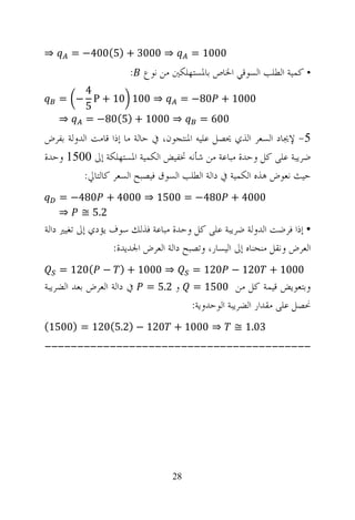 ‫⇒‬      ‫⇒ 0003 + )5(004− =‬              ‫0001 =‬
                       ‫• ﻛﻤﻴﺔ ﺍﻟﻄﻠﺐ ﺍﻟﺴﻮﻗﻲ ﺍﳋﺎﺹ ﺑﺎﳌﺴﺘﻬﻠﻜﲔ ﻣﻦ ﻧﻮﻉ :‬
       ‫4‬
    ‫⇒ 001 01 + ‪= − P‬‬    ‫0001 + 08− =‬
       ‫5‬
    ‫⇒‬  ‫⇒ 0001 + )5(08− =‬   ‫006 =‬
‫5- ﻹﳚﺎﺩ ﺍﻟﺴﻌﺮ ﺍﻟﺬﻱ ﳛﺼﻞ ﻋﻠﻴﻪ ﺍﳌﻨﺘﺠﻮﻥ، ﰲ ﺣﺎﻟﺔ ﻣﺎ ﺇﺫﺍ ﻗﺎﻣﺖ ﺍﻟﺪﻭﻟﺔ ﺑﻔﺮﺽ‬
‫ﺿﺮﻳﺒﺔ ﻋﻠﻰ ﻛﻞ ﻭﺣﺪﺓ ﻣﺒﺎﻋﺔ ﻣﻦ ﺷﺄﻧﻪ ﲣﻔﻴﺾ ﺍﻟﻜﻤﻴﺔ ﺍﳌﺴﺘﻬﻠﻜﺔ ﺇﱃ 0051 ﻭﺣﺪﺓ‬
          ‫ﺣﻴﺚ ﻧﻌﻮﺽ ﻫﺬﻩ ﺍﻟﻜﻤﻴﺔ ﰲ ﺩﺍﻟﺔ ﺍﻟﻄﻠﺐ ﺍﻟﺴﻮﻕ ﻓﻴﺼﺒﺢ ﺍﻟﺴﻌﺮ ﻛﺎﻟﺘﺎﱄ:‬
    ‫0004 + 084− = 0051 ⇒ 0004 + 084− =‬
    ‫2.5 ≅ ⇒‬
‫• ﺇﺫﺍ ﻓﺮﺿﺖ ﺍﻟﺪﻭﻟﺔ ﺿﺮﻳﺒﺔ ﻋﻠﻰ ﻛﻞ ﻭﺣﺪﺓ ﻣﺒﺎﻋﺔ ﻓﺬﻟﻚ ﺳﻮﻑ ﻳﺆﺩﻱ ﺇﱃ ﺗﻐﻴﲑ ﺩﺍﻟﺔ‬
                  ‫ﺍﻟﻌﺮﺽ ﻭﻧﻘﻞ ﻣﻨﺤﻨﺎﻩ ﺇﱃ ﺍﻟﻴﺴﺎﺭ، ﻭﺗﺼﺒﺢ ﺩﺍﻟﺔ ﺍﻟﻌﺮﺽ ﺍﳉﺪﻳﺪﺓ:‬
    ‫⇒ 0001 + ) − (021 =‬                ‫0001 + 021 − 021 =‬
‫ﰲ ﺩﺍﻟﺔ ﺍﻟﻌﺮﺽ ﺑﻌﺪ ﺍﻟﻀﺮﻳﺒﺔ‬   ‫ﻭ 2.5 =‬     ‫ﻭﺑﺘﻌﻮﻳﺾ ﻗﻴﻤﺔ ﻛﻞ ﻣﻦ 0051 =‬
                                       ‫ﳓﺼﻞ ﻋﻠﻰ ﻣﻘﺪﺍﺭ ﺍﻟﻀﺮﻳﺒﺔ ﺍﻟﻮﺣﺪﻭﻳﺔ:‬
‫⇒ 0001 + 021 − )2.5(021 = )0051(‬                  ‫30.1 ≅‬
‫-----------------------------------------‬




                                  ‫82‬
 