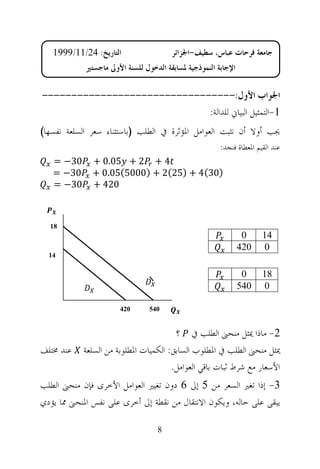 ‫ﺍﻟﺘﺎﺭﻳﺦ: 42/11/9991‬                 ‫ﺟﺎﻣﻌﺔ ﻓﺮﺣﺎﺕ ﻋﺒﺎﺱ، ﺳﻄﻴﻒ-ﺍﳉﺰﺍﺋﺮ‬
            ‫ﺍﻹﺟﺎﺑﺔ ﺍﻟﻨﻤﻮﺫﺟﻴﺔ ﳌﺴﺎﺑﻘﺔ ﺍﻟﺪﺧﻮﻝ ﻟﻠﺴﻨﺔ ﺍﻷﻭﱃ ﻣﺎﺟﺴﺘﲑ‬

‫ﺍﳉﻮﺍﺏ ﺍﻷﻭﻝ:---------------------------------‬
                             ‫1-ﺍﻟﺘﻤﺜﻴﻞ ﺍﻟﺒﻴﺎﱐ ﻟﻠﺪﺍﻟﺔ:‬
‫ﳚﺐ ﺃﻭﻻ ﺃﻥ ﻧﺜﺒﺖ ﺍﻟﻌﻮﺍﻣﻞ ﺍﳌﺆﺛﺮﺓ ﰲ ﺍﻟﻄﻠﺐ )ﺑﺎﺳﺘﺜﻨﺎﺀ ﺳﻌﺮ ﺍﻟﺴﻠﻌﺔ ﻧﻔﺴﻬﺎ(‬
                                                       ‫ﻋﻨﺪ ﺍﻟﻘﻴﻢ ﺍﳌﻌﻄﺎﺓ ﻓﻨﺠﺪ:‬
   ‫03− =‬      ‫4 + 2 + 50.0 +‬
   ‫03− =‬      ‫)03(4 + )52(2 + )0005(50.0 +‬
   ‫03− =‬      ‫024 +‬



  ‫81‬
                                                                ‫0‬     ‫41‬
                                                               ‫024‬    ‫0‬
  ‫41‬

                                                                ‫0‬     ‫81‬
                                                               ‫045‬    ‫0‬

                      ‫024‬       ‫045‬


                                       ‫2- ﻣﺎﺫﺍ ﳝﺜﻞ ﻣﻨﺤﲎ ﺍﻟﻄﻠﺐ ﰲ ؟‬
‫ﻋﻨﺪ ﳐﺘﻠﻒ‬   ‫ﳝﺜﻞ ﻣﻨﺤﲎ ﺍﻟﻄﻠﺐ ﰲ ﺍﳌﻄﻠﻮﺏ ﺍﻟﺴﺎﺑﻖ: ﺍﻟﻜﻤﻴﺎﺕ ﺍﳌﻄﻠﻮﺑﺔ ﻣﻦ ﺍﻟﺴﻠﻌﺔ‬
                                      ‫ﺍﻷﺳﻌﺎﺭ ﻣﻊ ﺷﺮﻁ ﺛﺒﺎﺕ ﺑﺎﻗﻲ ﺍﻟﻌﻮﺍﻣﻞ.‬
‫3- ﺇﺫﺍ ﺗﻐﲑ ﺍﻟﺴﻌﺮ ﻣﻦ 5 ﺇﱃ 6 ﺩﻭﻥ ﺗﻐﻴﲑ ﺍﻟﻌﻮﺍﻣﻞ ﺍﻷﺧﺮﻯ ﻓﺈﻥ ﻣﻨﺤﲎ ﺍﻟﻄﻠﺐ‬
‫ﻳﺒﻘﻰ ﻋﻠﻰ ﺣﺎﻟﻪ، ﻭﻳﻜﻮﻥ ﺍﻻﻧﺘﻘﺎﻝ ﻣﻦ ﻧﻘﻄﺔ ﺇﱃ ﺃﺧﺮﻯ ﻋﻠﻰ ﻧﻔﺲ ﺍﳌﻨﺤﲎ ﳑﺎ ﻳﺆﺩﻱ‬

                                   ‫8‬
 