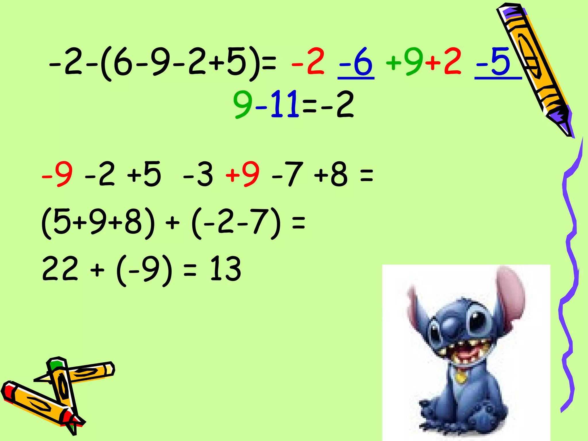 -2-(6-9-2+5)= -2 -6 +9+2 -5 =
          9-11=-2
-9 -2 +5 -3 +9 -7 +8 =
(5+9+8) + (-2-7) =
22 + (-9) = 13
 