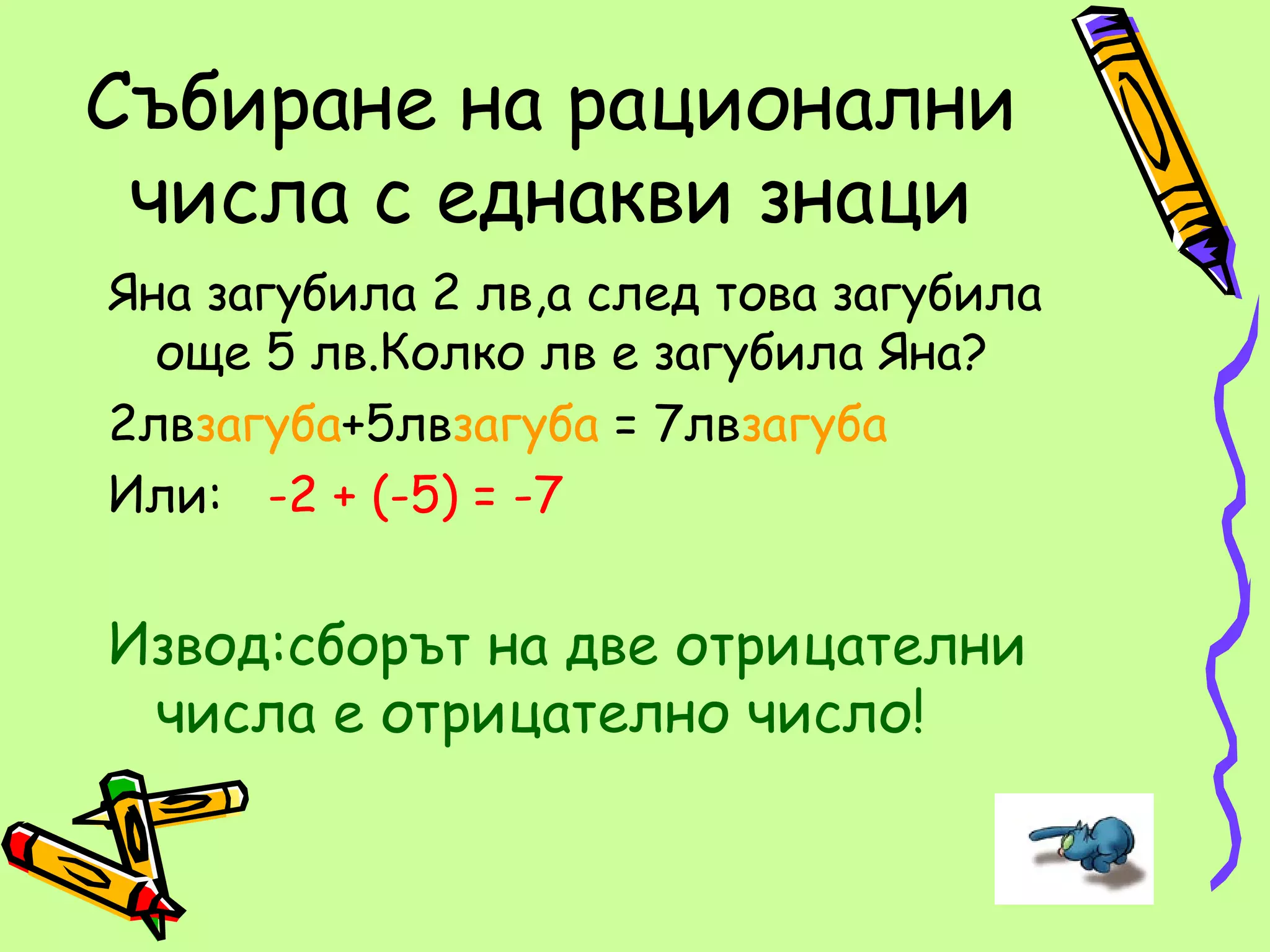 Събиране на рационални
 числа с еднакви знаци
Яна загубила 2 лв,а след това загубила
  още 5 лв.Колко лв е загубила Яна?
2лвзагуба+5лвзагуба = 7лвзагуба
Или: -2 + (-5) = -7


Извод:сборът на две отрицателни
 числа е отрицателно число!
 