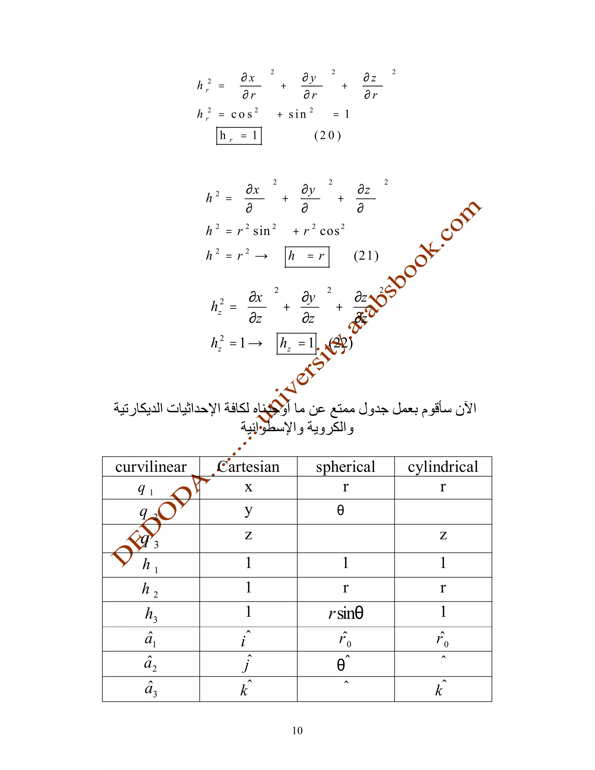  ∂x                  ∂y       ∂z 
                                      2                  2                       2
                                     
              h r2 =                 +        +      
                      ∂r                 ∂r       ∂r 
              h r = cos2
                 2
                                     ϕ + sin 2 ϕ = 1
              ∴         h   r   =1                 (2 0 )


                                      2               2                      2
                          ∂x        ∂y        ∂z 
                  h =
                   ϕ
                    2
                                +         +       
                          ∂ϕ        ∂ϕ        ∂ϕ 
                  h ϕ2 = r 2 sin 2 ϕ + r 2 cos 2 ϕ
                  h ϕ2 = r 2 → ∴ h ϕ = r                          (21)


                       ∂x   ∂y   ∂z 
                                          2          2                   2

                   h =
                    2
                            +    + 
                        ∂z   ∂z   ∂z 
                    z
                      
                   hz2 = 1 →∴ hz = 1 (22)




curvilinear         Cartesian                      spherical                         cylindrical
   q1                   x                              r                                  r
   q                    y                                    θ                          ϕ
       2

   q3                           z                         ϕ                                 z
    h1                          1                            1                           1
    h2                          1                            r                           r
    h3                          1                     r sinθ                             1
    a1                          i                            r0                          r0
    a2                          j                            θ                           ϕ
    a3                          k                            ϕ                           k

                                              10
 