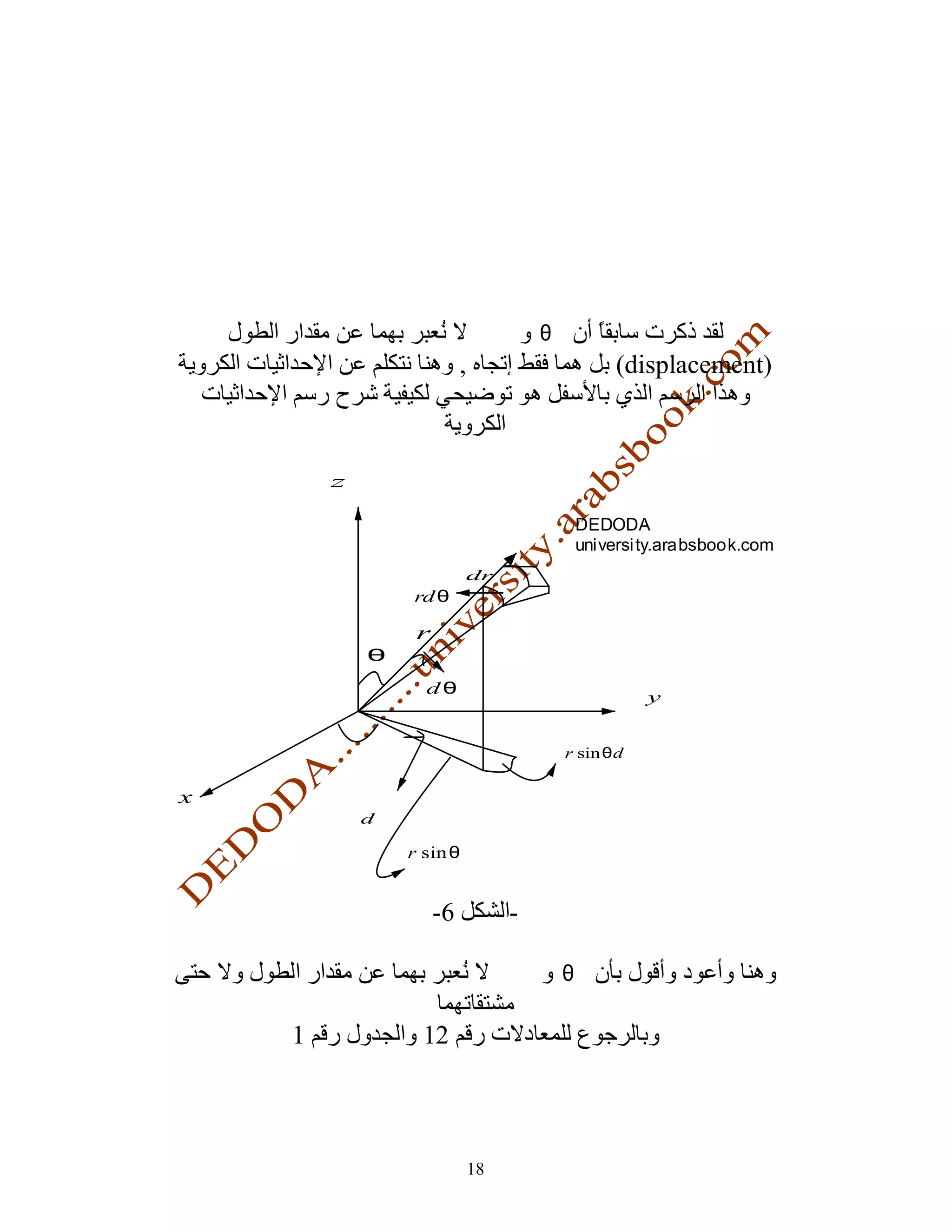 ϕ       θ
                           ,                         (displacement)



        z

                                                DEDODA
                                                universi ty.arabsbook.com
                           dr
                 rd θ

                  r
            θ
                   dθ
                                                         y

        ϕ                                   r sin θ dϕ


x
            dϕ

                 r sin θ


                      -6            -

                                    ϕ       θ

    1              12



                               18
 