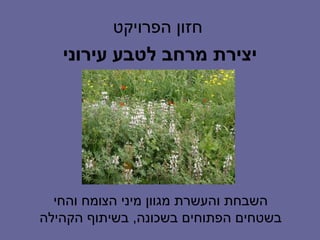 ‫חזון הפרויקט‬
   ‫יצירת מרחב לטבע עירוני‬




  ‫השבחת והעשרת מגוון מיני הצומח והחי‬
‫בשטחים הפתוחים בשכונה, בשיתוף הקהילה‬
 