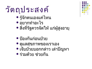 วัต ถุป ระสงค์
    รู้จักตนเองแค่ไหน
    อยากทำาอะไร
    สิ่งที่รัฐควรจัดให้   แก่ผู้สูงอายุ

    ป้องกันก่อนป่วย
    ดูแลสุขภาพของเราเอง
    เจ็บป่วยบอกกล่าว       เล่าปัญหา
    ร่วมด้วย   ช่วยกัน
 