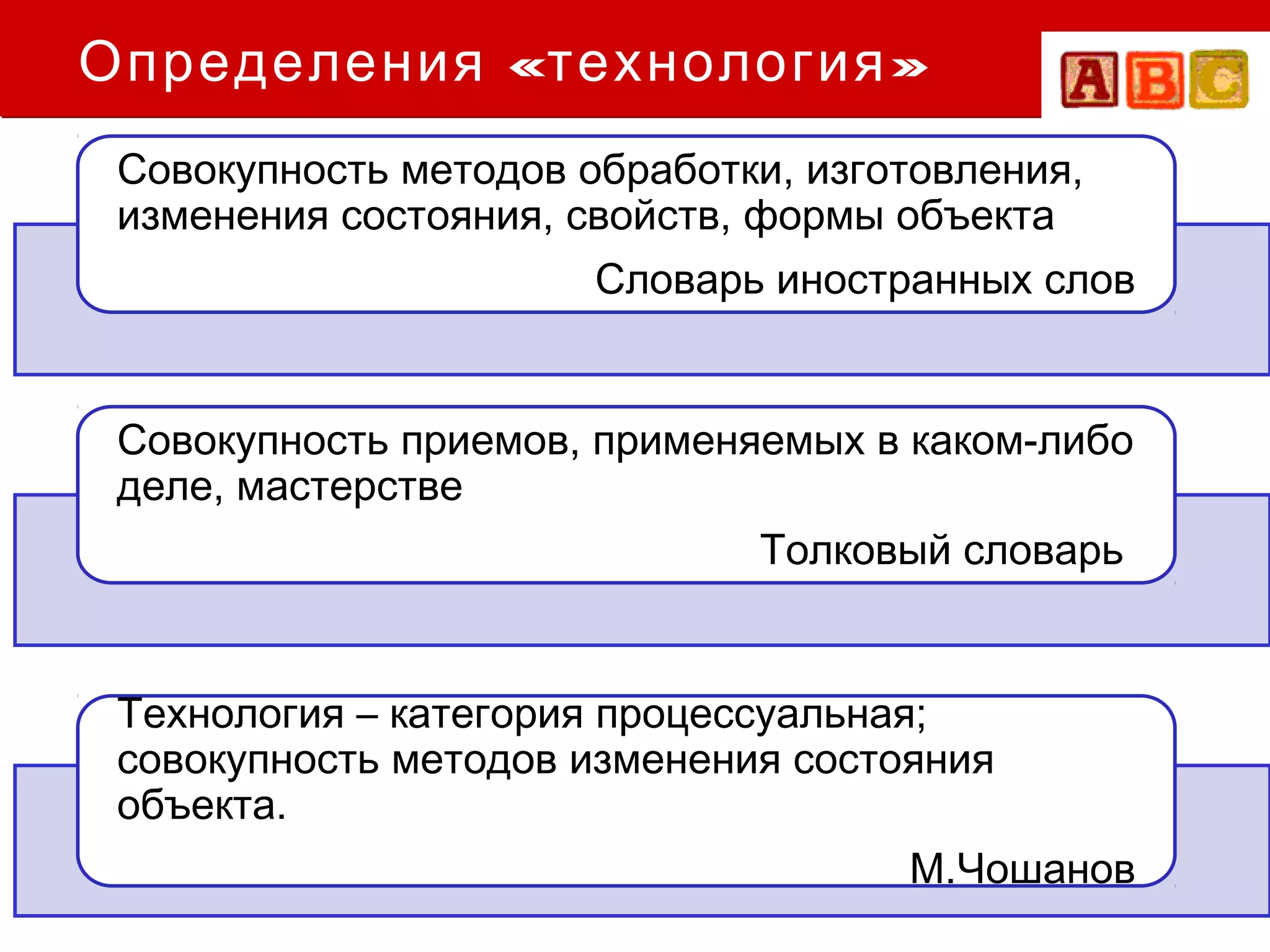 Определения «технология »
 Совокупность методов обработки, изготовления,
 изменения состояния, свойств, формы объекта
                       Словарь иностранных слов


 Совокупность приемов, применяемых в каком-либо
 деле, мастерстве
                              Толковый словарь


 Технология – категория процессуальная;
 совокупность методов изменения состояния
 объекта.
                                     М.Чошанов
 