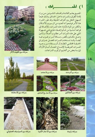 ‫1) املُـــــــــــــــــــزات :‬
                              ‫اجلؿقررع يعؾررؿ افػائرردة واسرردف ادـشررقديـ مررـ وراء‬
                              ‫ً‬
                              ‫إؿامة افطر وادؿررات داخرؾ اقردائؼ وذفرؽ ضبعرا‬
                              ‫فتسفقؾ افتـؼؾ بغ أضراف اقديؼة.وؿد ضقر اخلرزاء‬
                                ‫هذا اومر ؾقضعقا فف افعديد مـ افرشرقم واوصرؽا‬
                              ‫وافؽ ر مـ ادقاد إلكشاء هذه ادؿررات باإلضراؾة إػ‬
                              ‫ؿقاظد أشاشقة مـ صرلاا إضرػاء ضرابع ؾـرل.ؾسرفقفة‬
                                       ‫ً‬
                              ‫ادق ظذ هذه ادؿرات أمرر مطؾرقب أصرال وترلمغ‬
                              ‫وصرررؾ مؽررراكغ بلؿكررر مسررراؾة أمرررر مرؽرررقب ؾقرررف‬
                                                                                 ‫ً‬
                              ‫أيضرررا.وؿرررد تسرررتخدم ادؿررررات فػصرررؾ جرررزئغ ذم‬
                              ‫اقديؼررة خمتؾػرررل افـظررام أو أن يسرررتػاد مررـ وجرررقد‬
                              ‫ادؿررررات افعريضرررة إلؾسررراح ادلرررا أمرررام اووالد‬
                                      ‫دامرشة بعض مـ أفعاهبؿ ـرـقب افدراجات.‬
   ‫ززات َٔ ايطٛب األمحز‬




                                 ‫ززات َٔ األخغاب‬                 ‫ززات َٔ ارتزصاْ١‬




    ‫ززات َٔ األصفًت‬          ‫ززات َٔ األح ار َع اذتغا٥ػ‬          ‫ززات َٔ اذتغا٥ػ‬




‫ززات َٔ ايضرياَٝو ايعغٛا٥ٞ‬   ‫ززات َٔ األح ار ايهبري٠‬               ‫ززات تزابٝ١‬
 