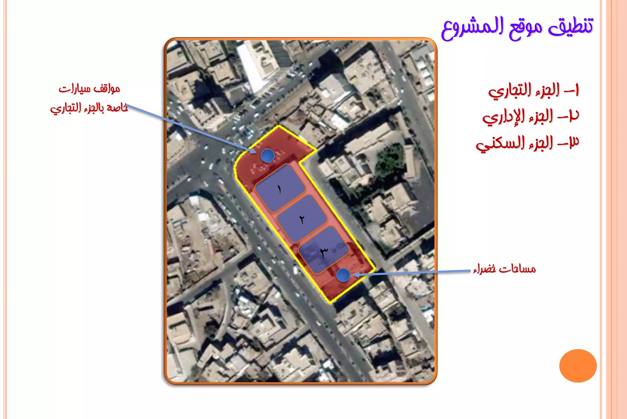 ‫رٕـ١ك ِٛلغ اٌّششٚع‬

 ‫ِٛالف ع١بساد‬                          ‫1- اٌغضء اٌزغبسٞ‬
‫خبطخ ثبٌغضء اٌزغبسٞ‬
                                      ‫2- اٌغضء اإلداسٞ‬
                                      ‫3- اٌغضء اٌغىٕٟ‬

                      ‫1‬
                          ‫2‬

                              ‫3‬
                                     ‫ِغبؽبد خؼشاء‬
 