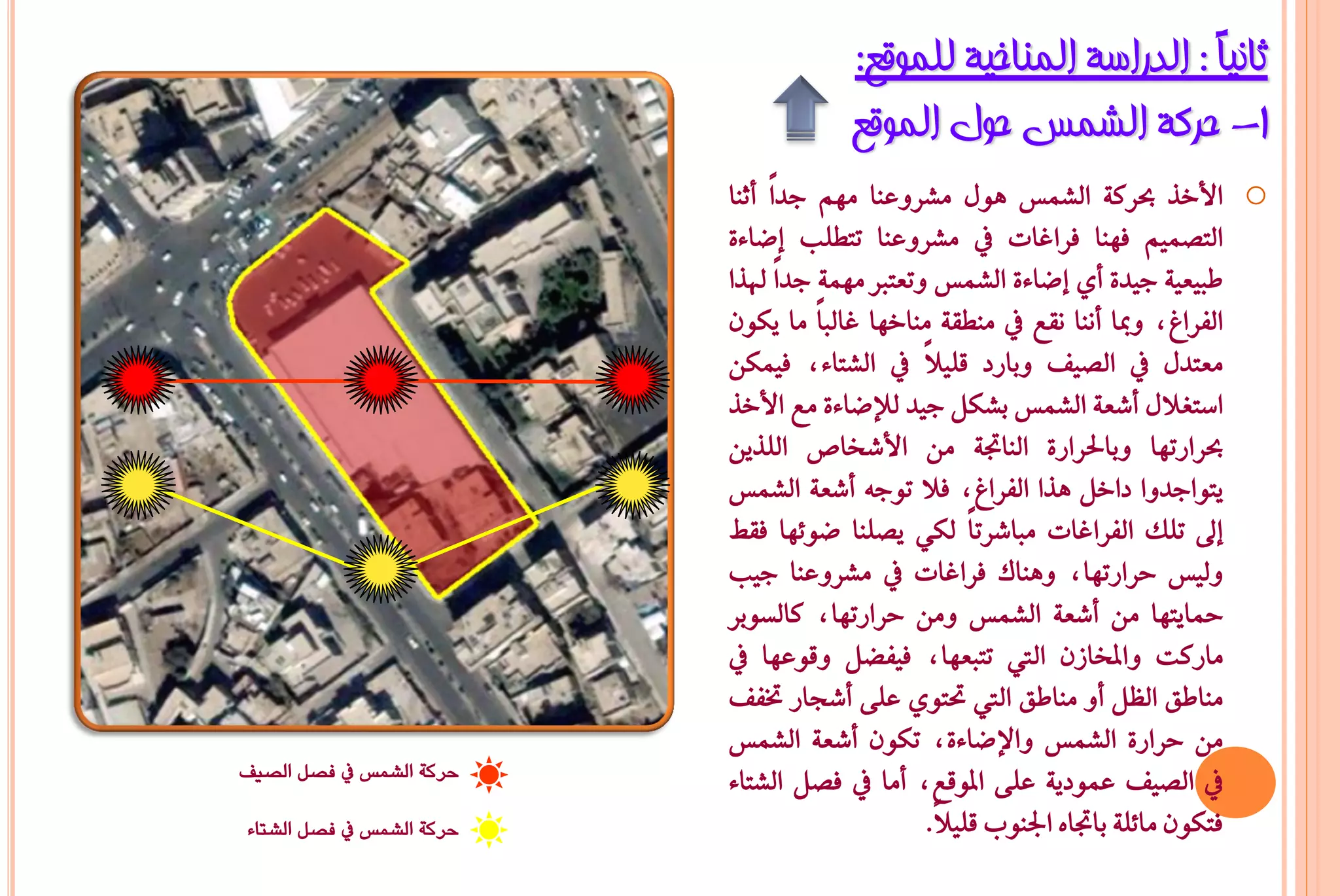 ‫صبٔ١ً : اٌذساعخ إٌّبخ١خ ٌٍّٛلغ:‬
                                                                  ‫ب‬
                                       ‫1- ؽشوخ اٌشّظ ؽٛي اٌّٛلغ‬
                           ‫‪ o‬األخر عسن١ ايػُظ ٍٖٛ َػسٚعٓا َِٗ دداً أثٓا‬
                           ‫ايتضُِٝ ؾٗٓا ؾساغات يف َػسٚعٓا تتطًب إعا٤٠‬
                           ‫طبٝعٝ١ دٝد٠ أٟ إعا٤٠ ايػُظ ٚتعترب َُٗ١ دداً هلرا‬
                           ‫ايؿساؽد ٚمبا أْٓا ْكع يف َٓطك١ َٓاخٗا غايباً َا ٜهٕٛ‬
                           ‫َعتدٍ يف ايضٝـ ٚبازد قًٝالً يف ايػتا٤د ؾُٝهٔ‬
                           ‫اضتػالٍ أغع١ ايػُظ بػهٌ دٝد يإلعا٤٠ َع األخر‬
                           ‫عسازتٗا ٚباذتساز٠ ايٓاجت١ َٔ األغخاظ ايًرٜٔ‬
                           ‫ٜتٛاددٚا داخٌ ٖرا ايؿساؽد ؾال تٛد٘ أغع١ ايػُظ‬
                              ‫إىل تًو ايؿساغات َباغستاً يهٞ ٜضًٓا عٛ٥ٗا ؾك‬
                           ‫ٚيٝظ حسازتٗاد ٖٚٓاى ؾساغات يف َػسٚعٓا دٝب‬
                           ‫محاٜتٗا َٔ أغع١ ايػُظ َٚٔ حسازتٗاد نايطٛبس‬
                           ‫َازنت ٚاملخاشٕ اييت تتبعٗاد ؾٝؿغٌ ٚقٛعٗا يف‬
                           ‫َٓاطل ايظٌ أٚ َٓاطل اييت حتتٟٛ عً٢ أغذاز ختؿـ‬
                           ‫َٔ حساز٠ ايػُظ ٚاإلعا٤٠د تهٕٛ أغع١ ايػُظ‬
‫حركة الشمس يف فصل الصيف‬
                           ‫يف ايضٝـ عُٛدٜ١ عً٢ املٛقعد أَا يف ؾضٌ ايػتا٤‬
‫حركة الشمس يف فصل الشتاء‬                        ‫ؾتهٕٛ َا٥ً١ باجتاٙ ادتٓٛب قًٝالً.‬
 