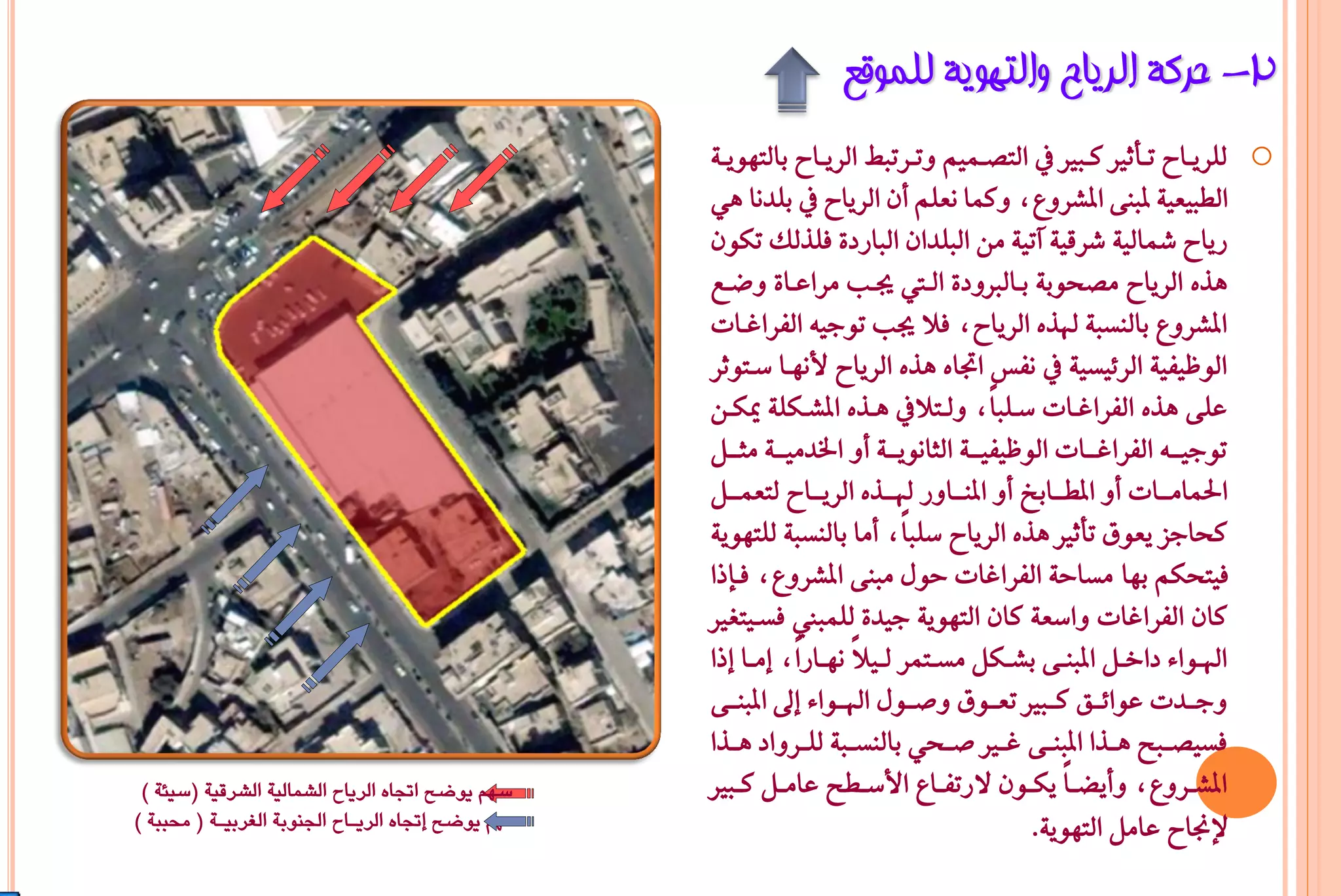 ‫2- ؽشوخ اٌش٠بػ ٚاٌزٙٛ٠خ ٌٍّٛلغ‬
                                                    ‫‪ o‬يًسٜــات تــأثري نــبري يف ايتضــُِٝ ٚتــستب ايسٜــات بايتٜٗٛــ١‬
                                                    ‫ايطبٝعٝ١ ملبٓ٢ املػسٚعد ٚنُا ْعًِ إٔ ايسٜات يف بًدْا ٖٞ‬
                                                    ‫زٜات مشايٝ١ غسقٝ١ آتٝ١ َٔ ايبًدإ ايبازد٠ ؾًريو تهٕٛ‬
                                                    ‫ٖرٙ ايسٜات َضخٛب١ بـايربٚد٠ ايـيت جيـب َساعـا٠ ٚعـع‬
                                                    ‫املػسٚع بايٓطب١ هلرٙ ايسٜاتد ؾال جيب تٛدٝ٘ ايؿساغـات‬
                                                    ‫ايٛظٝؿٝ١ ايس٥ٝطٝ١ يف ْؿظ اجتاٙ ٖرٙ ايسٜات ألْٗـا ضـتٛثس‬
                                                    ‫عً٢ ٖرٙ ايؿساغـات ضـًباًد ٚيـتاليف ٖـرٙ املػـهً١ ميهـٔ‬
                                                    ‫تٛدٝـــ٘ ايؿساغـــات ايٛظٝؿٝـــ١ ايجاْٜٛـــ١ أٚ ارتدَٝـــ١ َجـــٌ‬
                                                    ‫اذتُاَـــات أٚ املطـــابمل أٚ املٓـــاٚز هلـــرٙ ايسٜـــات يتعُـــٌ‬
                                                    ‫نخادص ٜعٛم تأثري ٖرٙ ايسٜات ضًباًد أَا بايٓطب١ يًتٜٗٛ١‬
                                                    ‫ؾٝتخهِ بٗا َطاح١ ايؿساغات حٍٛ َبٓ٢ املػسٚعد ؾـإذا‬
                                                    ‫نإ ايؿساغات ٚاضع١ نإ ايتٜٗٛ١ دٝد٠ يًُبا ؾطـٝتػري‬
                                                    ‫اهلــٛا٤ داخــٌ املبٓــ٢ بػــهٌ َطــتُس يــٝالً ْٗــازاًد إَــا إذا‬
                                                    ‫ٚدــدت عٛا٥ــل نــبري تعــٛم ٚصــٍٛ اهلــٛا٤ إىل املبٓــ٢‬
                                                    ‫ؾطٝضــبح ٖــرا املبٓــ٢ غــري صــخٞ بايٓطــب١ يًــسٚاد ٖــرا‬
 ‫سهم يوضح اجتاه الرياح الشمالية الشرقية (سيئة )‬     ‫املػــسٚعد ٚأٜغ ـاً ٜهــٕٛ الزتؿــاع األضــطح عاَــٌ نــبري‬
‫سهم يوضح إجتاه الريـاح اجلنوبة الغربيـة ( حمببة )‬                                             ‫إلصتات عاٌَ ايتٜٗٛ١.‬
 