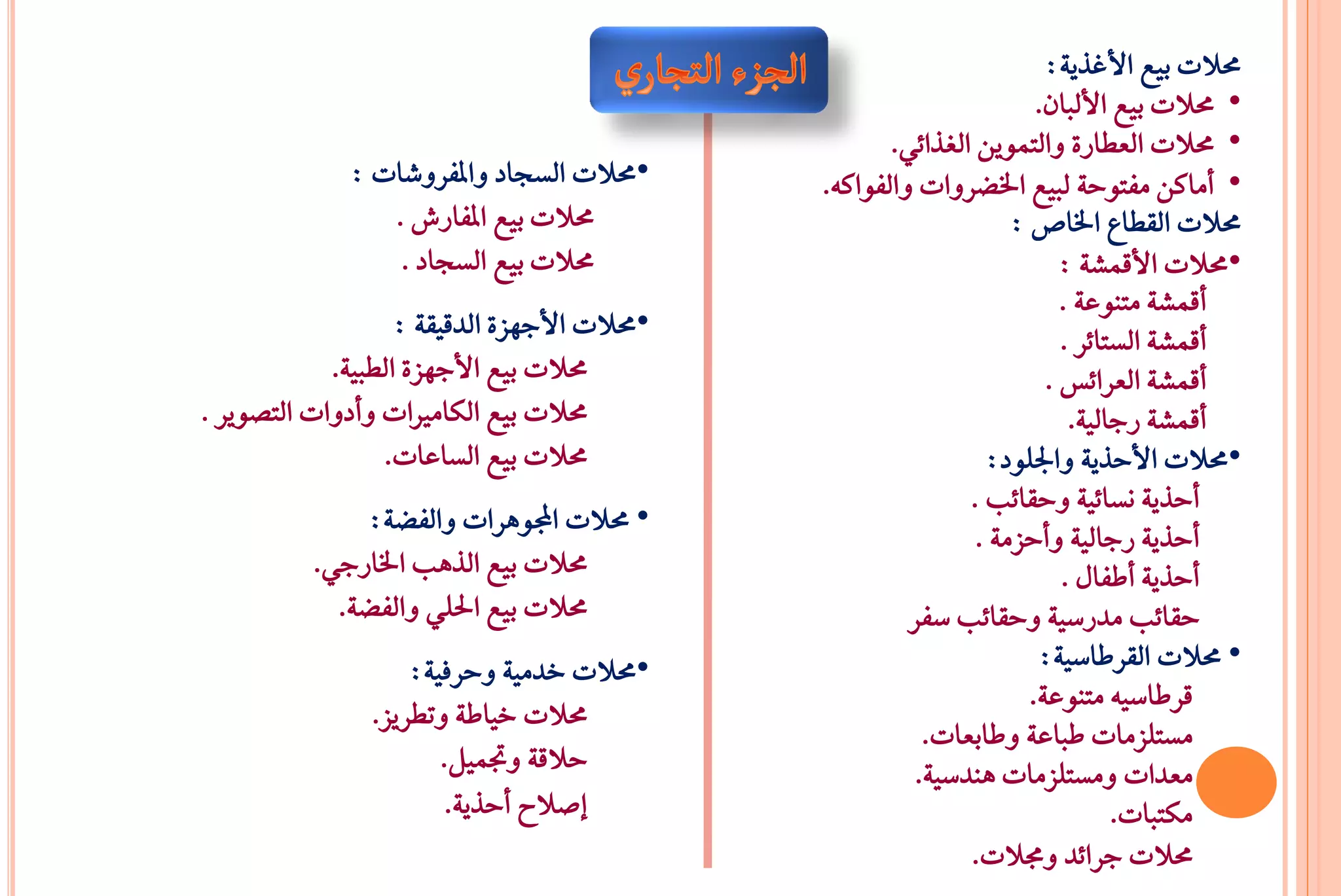 ‫ستالت بٝع األغرٜ١:‬
                                                                     ‫• ستالت بٝع األيبإ.‬
                                                     ‫• ستالت ايعطاز٠ ٚايتُٜٛٔ ايػرا٥ٞ.‬
              ‫•ستالت ايطذاد ٚاملؿسٚغات :‬      ‫• أَانٔ َؿتٛح١ يبٝع ارتغسٚات ٚايؿٛان٘.‬
                 ‫ستالت بٝع املؿازش .‬                              ‫ستالت ايكطاع ارتاظ :‬
                  ‫ستالت بٝع ايطذاد .‬                                   ‫•ستالت األقُػ١ :‬
                                                                        ‫أقُػ١ َتٓٛع١ .‬
                   ‫•ستالت األدٗص٠ ايدقٝك١ :‬                             ‫أقُػ١ ايطتا٥س .‬
            ‫ستالت بٝع األدٗص٠ ايطبٝ١.‬                                 ‫أقُػ١ ايعسا٥ظ .‬
‫ستالت بٝع ايهاَريات ٚأدٚات ايتضٜٛس .‬                                     ‫أقُػ١ زدايٝ١.‬
                  ‫ستالت بٝع ايطاعات.‬                           ‫•ستالت األحرٜ١ ٚادتًٛد:‬
                                                             ‫أحرٜ١ ْطا٥ٝ١ ٚحكا٥ب .‬
              ‫• ستالت اجملٖٛسات ٚايؿغ١:‬
                                                              ‫أحرٜ١ زدايٝ١ ٚأحصَ١ .‬
          ‫ستالت بٝع ايرٖب ارتازدٞ.‬                                      ‫أحرٜ١ أطؿاٍ .‬
            ‫ستالت بٝع اذتًٞ ٚايؿغ١.‬                    ‫حكا٥ب َدزضٝ١ ٚحكا٥ب ضؿس‬
                    ‫•ستالت خدَٝ١ ٚحسؾٝ١:‬                             ‫• ستالت ايكسطاضٝ١:‬
                                                                    ‫قسطاضٝ٘ َتٓٛع١.‬
                ‫ستالت خٝاط١ ٚتطسٜص.‬
                                                         ‫َطتًصَات طباع١ ٚطابعات.‬
                       ‫حالق١ ٚجتٌُٝ.‬                    ‫َعدات َٚطتًصَات ٖٓدضٝ١.‬
                        ‫إصالت أحرٜ١.‬                                          ‫َهتبات.‬
                                                             ‫ستالت دسا٥د ٚزتالت.‬
 