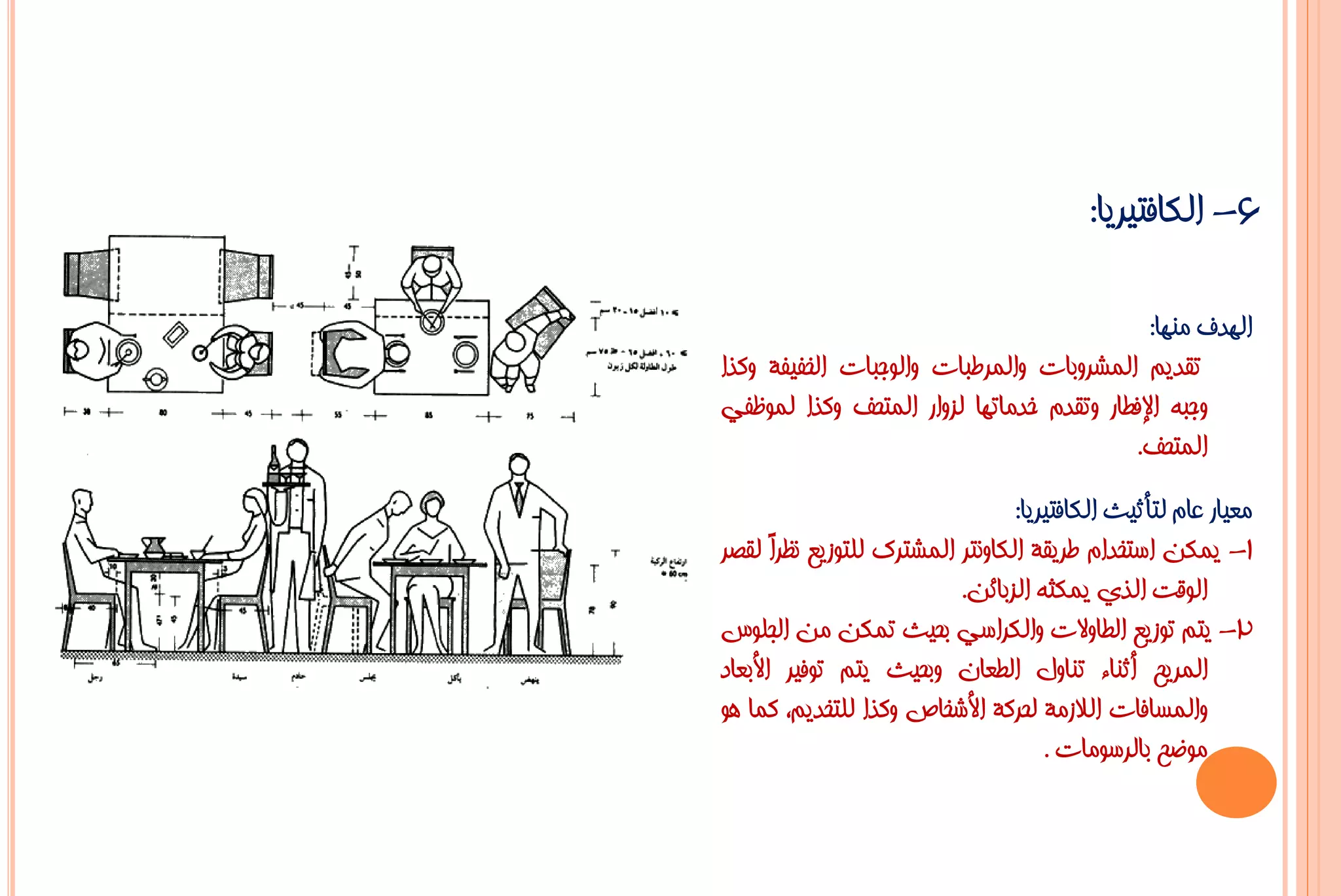 ‫6- اٌىبفز١ش٠ب:‬

                                             ‫اٌٙذف ِٕٙب:‬
‫رمذ٠ُ اٌّششٚثبد ٚاٌّشؿجبد ٚاٌٛعجبد اٌخف١فخ ٚوزا‬
‫ٚعجٗ اإلفـبس ٚرمذَ خذِبرٙب ٌضٚاس اٌّزؾف ٚوزا ٌّٛظفٟ‬
                                          ‫اٌّزؾف.‬
                                 ‫ِؼ١بس ػبَ ٌزأص١ش اٌىبفز١ش٠ب:‬
‫1- ٠ّىٓ اعزخذاَ ؿش٠مخ اٌىبٚٔزش اٌّشزشن ٌٍزٛص٠غ ٔظشً ٌمظش‬
       ‫ا‬
                          ‫اٌٛلذ اٌزٞ ٠ّىضٗ اٌضثبئٓ.‬
‫2- ٠زُ رٛص٠غ اٌـبٚالد ٚاٌىشاعٟ ثؾ١ش رّىٓ ِٓ اٌغٍٛط‬
‫اٌّش٠ؼ أصٕبء رٕبٚي اٌـؼبْ ٚثؾ١ش ٠زُ رٛف١ش األثؼبد‬
‫ٚاٌّغبفبد اٌالصِخ ٌؾشوخ األشخبص ٚوزا ٌٍزخذ٠ُ، وّب ٘ٛ‬
                                     ‫ِٛػؼ ثبٌشعِٛبد .‬
 