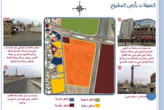 ‫المحٍطات بأرض المشروع:‬




‫زتلظ التطامً الْطين ٍّْ عبازٗ عً‬                                            ‫ٍرِ عبازٗ عً ضلطل٘ مً املباىٕ‬
  ‫مبين ٓطه حسك٘ ضٔاضٔ٘ شعبٔ٘‬                                             ‫التجازٓ٘ حتتْٖ علٙ ستالت جتازٓ٘‬
   ‫ٓسئطَا الشٔذ حطني بً عبداهلل‬                                           ‫ّأٓطاَ علٙ فيدق ٍّٕ ملم للقطاع‬
 ‫األمحس، ّتعترب حسك٘ حدٓج٘ اليشأٗ‬                                      ‫ارتاص ّترتاّح ازتفاعاتَا مً أزبع٘ إىل‬
       ‫تشللت بدآ٘ الطي٘ اذتالٔ٘‬                                        ‫تطع٘ طْابق ٍّٕ مً الطساش املعنازٖ‬
                                                                                         ‫اذتدٓح‬




  ‫عبازٗ عً أزض خالٔ٘ ملم للقطاع‬                                             ‫جامع اليْز ( مسفق دٓين )‬
  ‫ارتاص مبين فَٔا ضْز دائسٖ مع‬      ‫مياطق جتازٓ٘‬   ‫مياطق تسفَٔٔ٘‬
              ‫بْابتني‬
                                    ‫مياطق حلْمٔ٘‬   ‫مياطق ضلئ٘‬
 