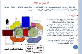 ‫3) َؼشٚع قـش ايثكاف١ :‬
‫ٜتهٕٛ الؼشٚع َٔ دٚس أسكٞ ٚعٓاؿشٙ ع اس٠ عٔ : َهات اإلداس٠ – ؿااي١ َتعاذد٠ األ اشاض – َهت ا١ – َعاشض –‬
                                 ‫ؿاي١ ا ٛاٜاا ٚاـذَاا، َٚظاح اؿذ األدْ٢ ايالصّ يًُؼشٚع = 0084 َرت َشبع .‬

                                                                                                       ‫* الُٝضاا :‬
                                                            ‫تشابط عٓاؿش الؼشٚع نتً١ َ ٓ٢ ٚاااذ٠ مماا‬                ‫1.‬
                                                                        ‫ٜظٌٗ ايتٓكٌ بك ايفشا اا ايذاخًٝ١ .‬
                                                            ‫ٚةاااٛد فٓاااا٤ داخًاااٞ لكاَٚااا١ الٓااااخ احملًاااٞ‬   ‫2.‬
                                                                  ‫ٚافطتفاد٠ َٔ اإلكا٤٠ ٚايتٜٗٛ١ ايا ٝعٝ١ .‬
                                                            ‫قااشع َٓاكاا١ اإلداس٠ َاأ اي ٛاباا١ ايش٥ٝظااٝ١ ممااا‬   ‫3.‬
                                                            ‫ٜظاعذ عً٢ ايتحهِ ٚايظٝاش٠ داخٌ الؼشٚع .‬
                                                            ‫ٚةااٛد اـااذَاا َٓاكاا١ ايٛاةٗاااا ايثاْٜٛاا١‬           ‫4.‬
                                                                                                         ‫يًُ ٓ٢ .‬
                                                            ‫تٓااا ِ ايٛاةٗاااا َااع اياااابع ايعاااّ يًُذٜٓاا١‬      ‫5.‬
                                                                                  ‫ٚنزيو ايعشٚف الٓاخٝ١ ا .‬
 