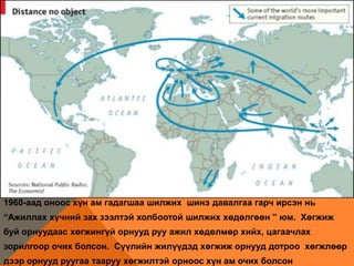 1960-аад оноос хүн ам гадагшаа шилжих шинэ давалгаа гарч ирсэн нь
“Ажиллах хүчний зах зээлтэй холбоотой шилжих хөдөлгөөн ” юм. Хөгжиж
буй орнуудаас хөгжингүй орнууд руу ажил хөдөлмөр хийх, цагаачлах
зорилгоор очих болсон. Сүүлийн жилүүдэд хөгжиж орнууд дотроо хөгжлөөр
дээр орнууд руугаа тааруу хөгжилтэй орноос хүн ам очих болсон
 