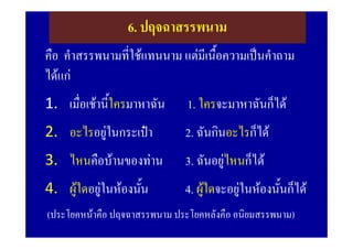 6. ปฤจฉาสรรพนาม
คือ คําสรรพนามที่ใชแทนนาม แตมีเนื้อความเปนคําถาม
ไดแก
1. เมื่อเชานีใครมาหาฉัน
              ้                1. ใครจะมาหาฉันก็ได
2. อะไรอยูในกระเปา          2. ฉันกินอะไรก็ได
3. ไหนคือบานของทาน          3. ฉันอยูไหนก็ได
                                       
4. ผูใดอยูในหองนัน
                    ้         4. ผูใดจะอยูในหองนั้นก็ได
(ประโยคหนาคือ ปฤจฉาสรรพนาม ประโยคหลังคือ อนิยมสรรพนาม)
 
