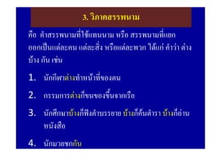 3. วิภาคสรรพนาม
คือ คําสรรพนามที่ใชแทนนาม หรือ สรรพนามที่แยก
ออกเปนแตละคน แตละสิ่ง หรือแตละพวก ไดแก คําวา ตาง
บาง กัน เชน
1. นักกีฬาตางทําหนาที่ของตน
2. กรรมการตางก็ขนของขึ้นจากเรือ
3. นักศึกษาบางก็ฟงคําบรรยาย บางก็คนตํารา บางก็อาน
                  
   หนังสือ
4. นักมวยชกกัน
 