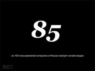 85
               из 100 пользователей интернета в России смотрят онлайн-видео



Source: ComScore
Video Metrix
Russia, Oct, 2011
 