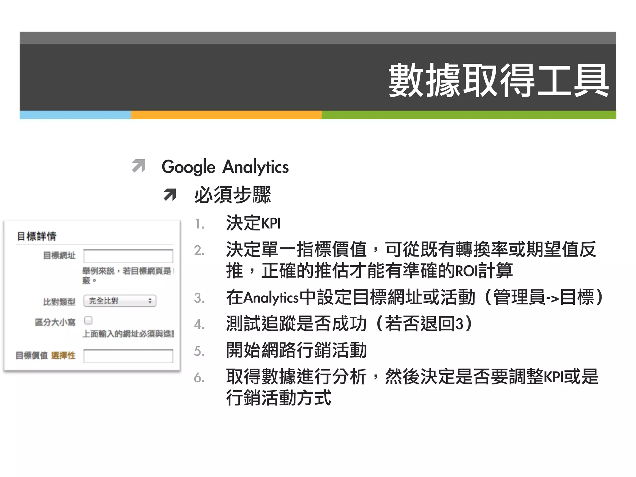 數據取得工具

ì  Google	 Analytics
    ì  必須步驟
        1.    決定KPI
        2.    決定單一指標價值，可從既有轉換率或期望值反
              推，正確的推估才能有準確的ROI計算
        3.    在Analytics中設定目標網址或活動（管理員->目標）
        4.    測試追蹤是否成功（若否退回3）
        5.    開始網路行銷活動
        6.    取得數據進行分析，然後決定是否要調整KPI或是
              行銷活動方式
 