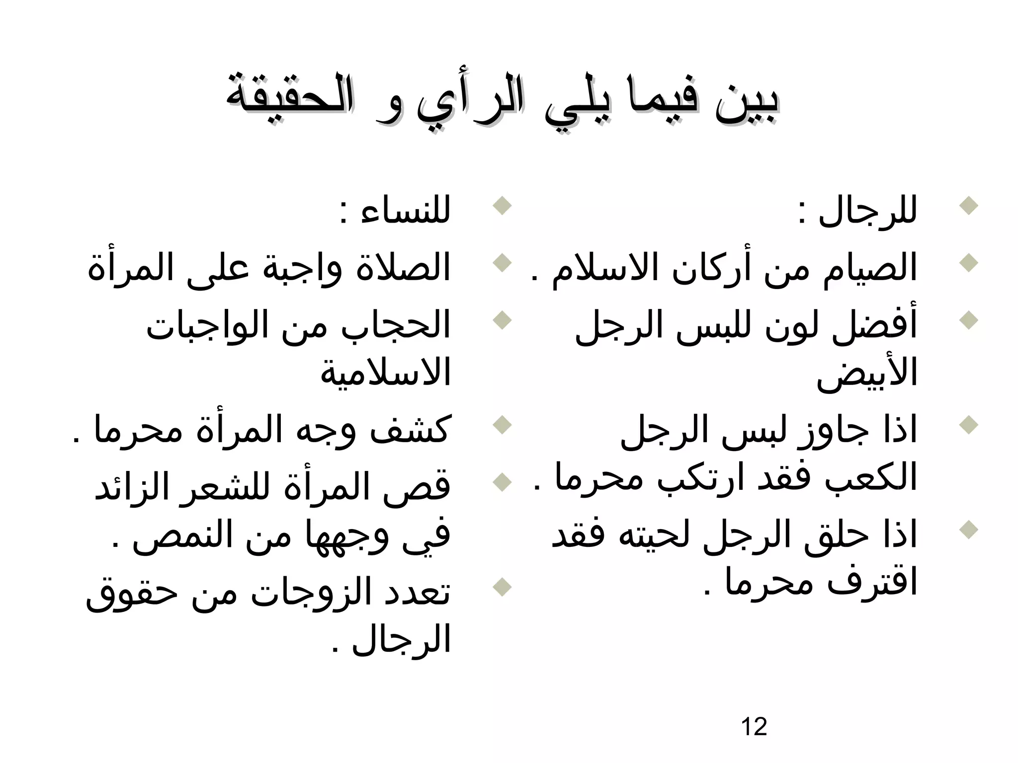 ‫بين فيما يلي الرأي و الحقيقة‬
                   ‫للنساء :‬   ‫‪‬‬                     ‫للرجال :‬   ‫‪‬‬

 ‫الصلة واجبة على المرأة‬       ‫‪‬‬   ‫الصيام من أركان السلم .‬      ‫‪‬‬

      ‫الحجاب من الواجبات‬      ‫‪‬‬       ‫أفضل لون للبس الرجل‬      ‫‪‬‬

                 ‫السلمية‬                              ‫البيض‬
‫كشف وجه المرأة محرما .‬        ‫‪‬‬         ‫اذا جاوز لبس الرجل‬     ‫‪‬‬

  ‫اقص المرأة للشعر الزائد‬     ‫‪‬‬   ‫الكعب فقد ارتكب محرما .‬
   ‫في وجهها من النمص .‬              ‫اذا حلق الرجل لحيته فقد‬    ‫‪‬‬

 ‫تعدد الزوجات من حقوق‬         ‫‪‬‬               ‫ااقترف محرما .‬
                  ‫الرجال .‬

                                                ‫21‬
 