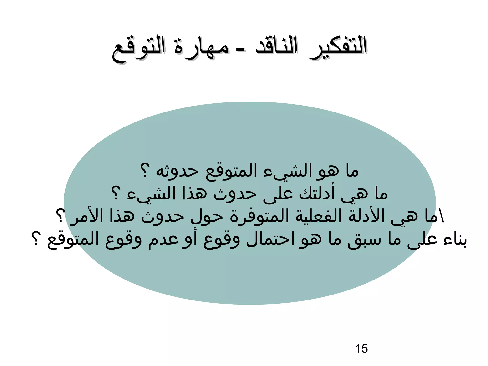 ‫التفكير الناقد - مهارة التوقع‬



                ‫ما هو الشيء المتواقع حدوثه ؟‬
            ‫ما هي أدلتك على حدوث هذا الشيء ؟‬
   ‫ما هي الدلة الفعلية المتوفرة حول حدوث هذا المر ؟‬
‫بناء على ما سبق ما هو احتمال واقوع أو عدم واقوع المتواقع ؟‬




                                          ‫51‬
 