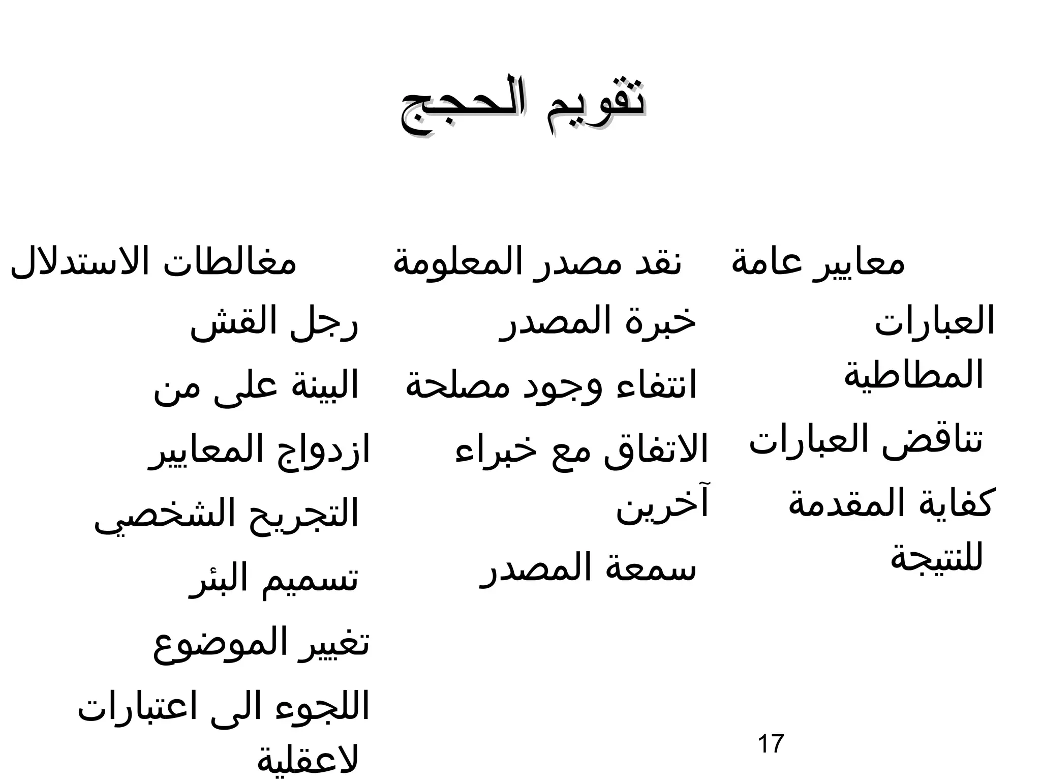 ‫تقويم الحجج‬

‫مغالطات الستدلل‬      ‫معايير عامة سنقد مصدر المعلومة‬
         ‫رجل القش‬          ‫خبرة المصدر‬           ‫العبارات‬
       ‫اسنتفاء وجود مصلحة البينة على من‬        ‫المطاطية‬
        ‫ازدواج المعايير‬     ‫تنااقض العبارات التفاق مع خبراء‬
    ‫التجريح الشخصي‬                    ‫آخرين‬   ‫كفاية المقدمة‬
          ‫تسميم البئر‬         ‫سمعة المصدر‬            ‫للنتيجة‬

        ‫تغيير الموضوع‬
   ‫اللجوء الى اعتبارات‬
                                             ‫71‬
              ‫لعقلية‬
 