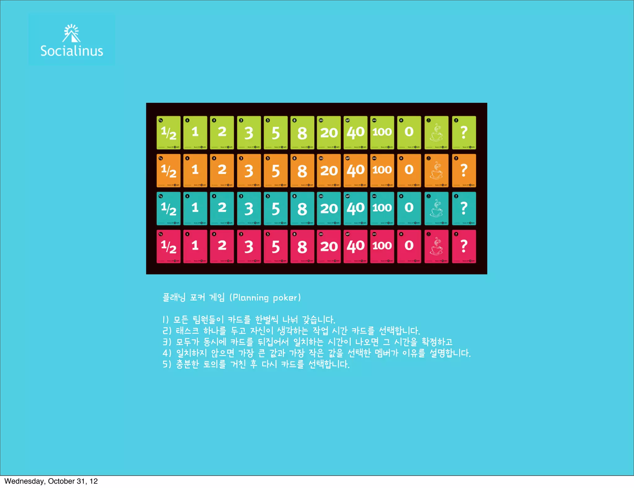 플래닝 포커 게임 (Planning poker)

                            1) 모든 팀원들이 카드를 한벌씩 나눠 갖습니다.
                            2) 태스크 하나를 두고 자신이 생각하는 작업 시간 카드를 선택합니다.
                            3) 모두가 동시에 카드를 뒤집어서 일치하는 시간이 나오면 그 시간을 확정하고
                            4) 일치하지 않으면 가장 큰 값과 가장 작은 값을 선택한 멤버가 이유를 설명합니다.
                            5) 충분한 토의를 거친 후 다시 카드를 선택합니다.




Wednesday, October 31, 12
 