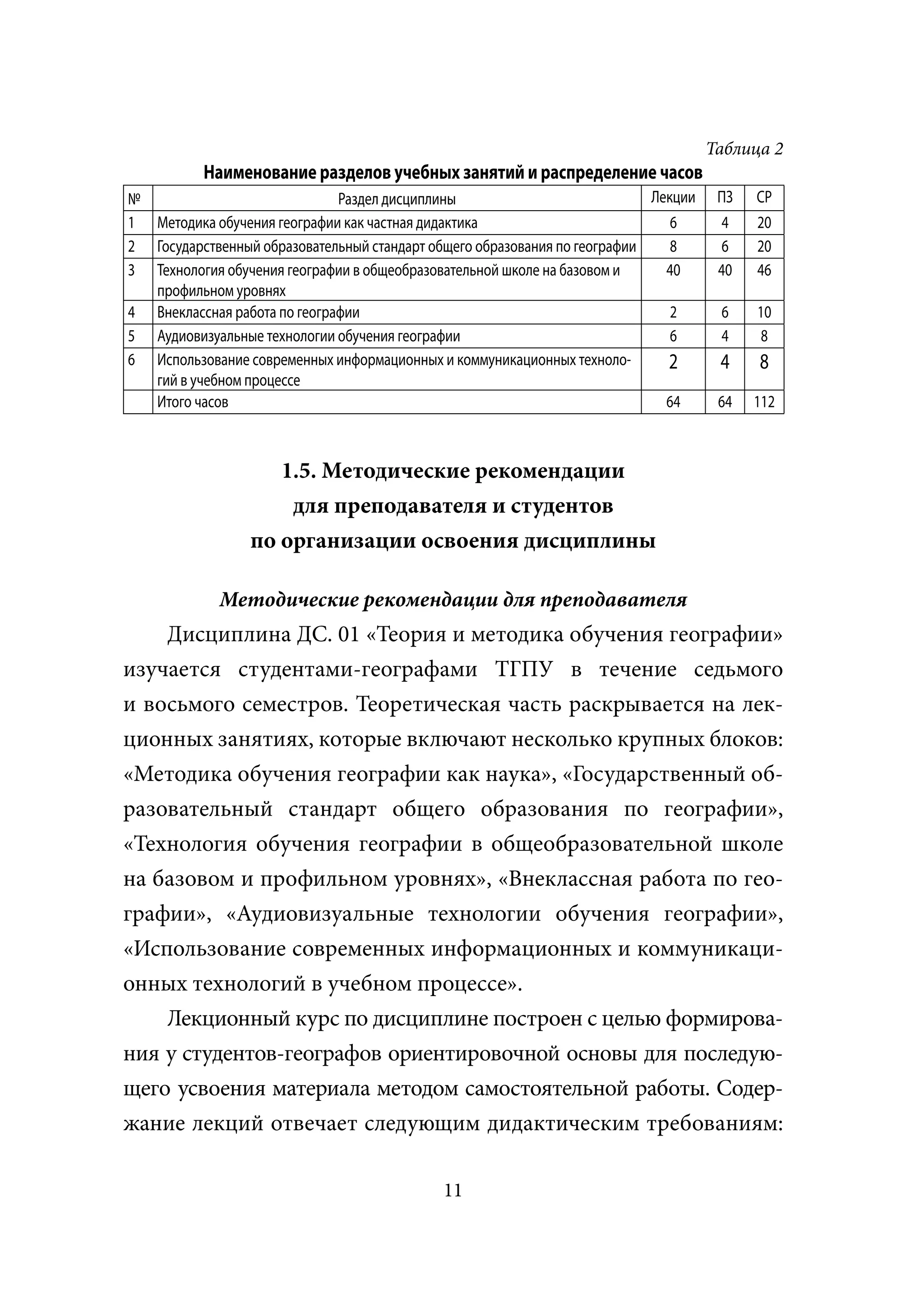 Таблица 2
          Наименование разделов учебных занятий и распределение часов
№                             Раздел дисциплины                            Лекции    ПЗ   СР
1 Методика обучения географии как частная дидактика                           6      4    20
2 Государственный образовательный стандарт общего образования по географии    8      6    20
3 Технология обучения географии в общеобразовательной школе на базовом и     40      40   46
  профильном уровнях
4 Внеклассная работа по географии                                             2      6    10
5 Аудиовизуальные технологии обучения географии                               6      4    8
6 Использование современных информационных и коммуникационных техноло-       2       4    8
  гий в учебном процессе
  Итого часов                                                                64      64   112



                    1.5. Методические рекомендации
                     для преподавателя и студентов
                 по организации освоения дисциплины

             Методические рекомендации для преподавателя
    Дисциплина ДС. 01 «Теория и методика обучения географии»
изучается студентами-географами ТГПУ в течение седьмого
и восьмого семестров. Теоретическая часть раскрывается на лек-
ционных занятиях, которые включают несколько крупных блоков:
«Методика обучения географии как наука», «Государственный об-
разовательный стандарт общего образования по географии»,
«Технология обучения географии в общеобразовательной школе
на базовом и профильном уровнях», «Внеклассная работа по гео-
графии», «Аудиовизуальные технологии обучения географии»,
«Использование современных информационных и коммуникаци-
онных технологий в учебном процессе».
    Лекционный курс по дисциплине построен с целью формирова-
ния у студентов-географов ориентировочной основы для последую-
щего усвоения материала методом самостоятельной работы. Содер-
жание лекций отвечает следующим дидактическим требованиям:

                                             11
 
