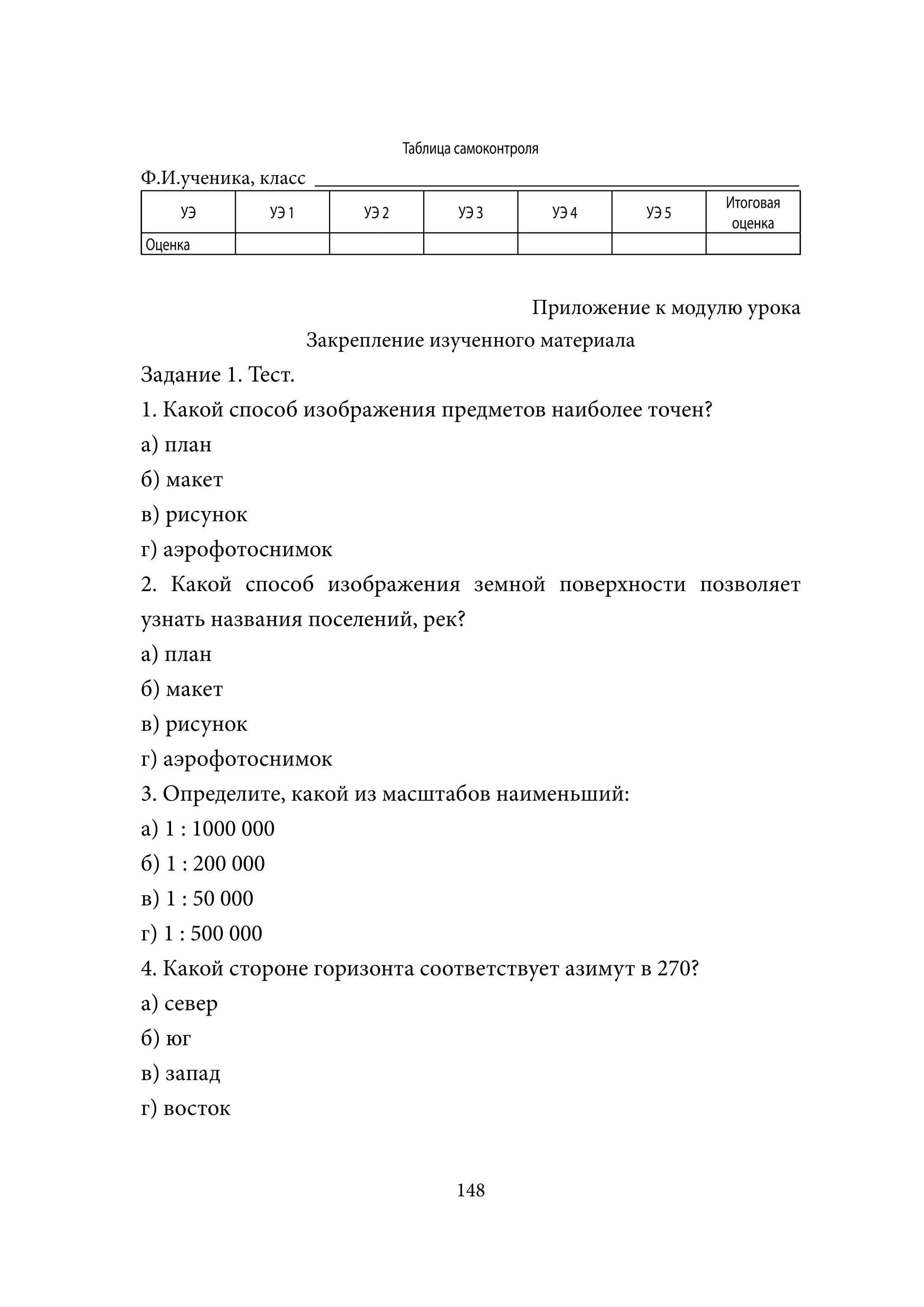 Таблица самоконтроля
Ф.И.ученика, класс ________________________________________________
                                                                     Итоговая
    УЭ       УЭ 1        УЭ 2           УЭ З           УЭ 4   УЭ 5
                                                                      оценка
Оценка


                                          Приложение к модулю урока
                    Закрепление изученного материала
Задание 1. Тест.
1. Какой способ изображения предметов наиболее точен?
а) план
б) макет
в) рисунок
г) аэрофотоснимок
2. Какой способ изображения земной поверхности позволяет
узнать названия поселений, рек?
а) план
б) макет
в) рисунок
г) аэрофотоснимок
3. Определите, какой из масштабов наименьший:
а) 1 : 1000 000
б) 1 : 200 000
в) 1 : 50 000
г) 1 : 500 000
4. Какой стороне горизонта соответствует азимут в 270?
а) север
б) юг
в) запад
г) восток


                                       148
 