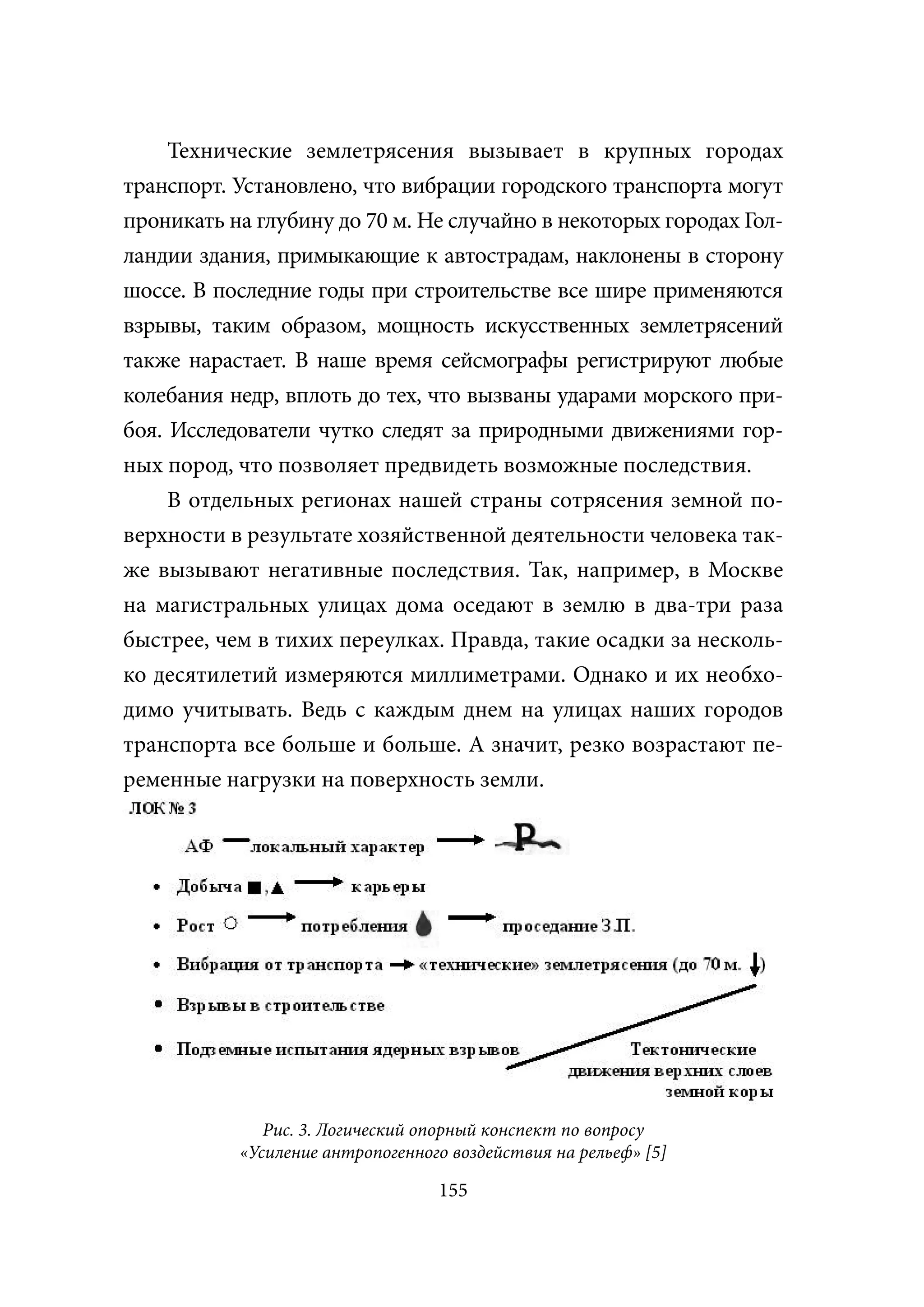 Технические землетрясения вызывает в крупных городах
транспорт. Установлено, что вибрации городского транспорта могут
проникать на глубину до 70 м. Не случайно в некоторых городах Гол-
ландии здания, примыкающие к автострадам, наклонены в сторону
шоссе. В последние годы при строительстве все шире применяются
взрывы, таким образом, мощность искусственных землетрясений
также нарастает. В наше время сейсмографы регистрируют любые
колебания недр, вплоть до тех, что вызваны ударами морского при-
боя. Исследователи чутко следят за природными движениями гор-
ных пород, что позволяет предвидеть возможные последствия.
     В отдельных регионах нашей страны сотрясения земной по-
верхности в результате хозяйственной деятельности человека так-
же вызывают негативные последствия. Так, например, в Москве
на магистральных улицах дома оседают в землю в два-три раза
быстрее, чем в тихих переулках. Правда, такие осадки за несколь-
ко десятилетий измеряются миллиметрами. Однако и их необхо-
димо учитывать. Ведь с каждым днем на улицах наших городов
транспорта все больше и больше. А значит, резко возрастают пе-
ременные нагрузки на поверхность земли.




              Рис. 3. Логический опорный конспект по вопросу
           «Усиление антропогенного воздействия на рельеф» [5]

                                  155
 