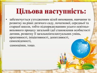 • забезпечується узгодженням цілей виховання, навчання та
  розвитку на рівні дитячого саду, початкової, середньої та
  старшої школи, тобто підпорядкуванням усього освітньо-
  виховного процесу загальній ідеї становлення особистості
  дитини, розвитку її загальноінтелектуальних умінь,
  креативності, ініціативності, допитливості,
  самосвідомості,
  самооцінки, тощо.
 