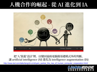 人機合作的崛起 - 從 AI 進化到 IA




        把“人”放進“設計”裡，以變因協助電腦做基礎模式外的判斷，
     讓 artificial intelligence (AI) 進化為 intelligence augmentation (IA)
http://www.ted.com/talks/lang/zh-cn/shyam_sankar_the_rise_of_human_computer_cooperation.html/
 