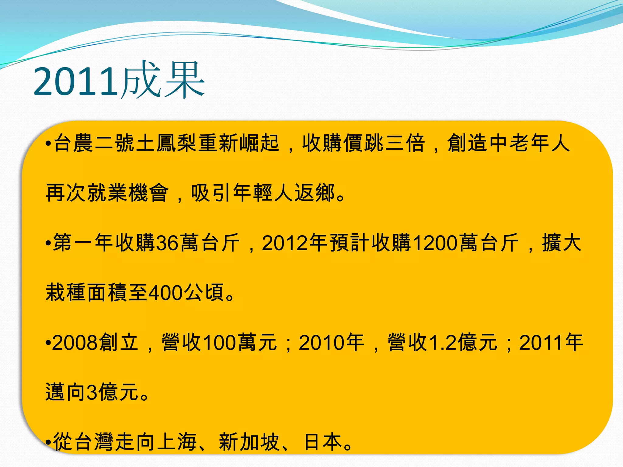 2011成果
•台農二號土鳳梨重新崛起，收購價跳三倍，創造中老年人

再次就業機會，吸引年輕人返鄉。

•第一年收購36萬台斤，2012年預計收購1200萬台斤，擴大

栽種面積至400公頃。

•2008創立，營收100萬元；2010年，營收1.2億元；2011年

邁向3億元。

•從台灣走向上海、新加坡、日本。
 