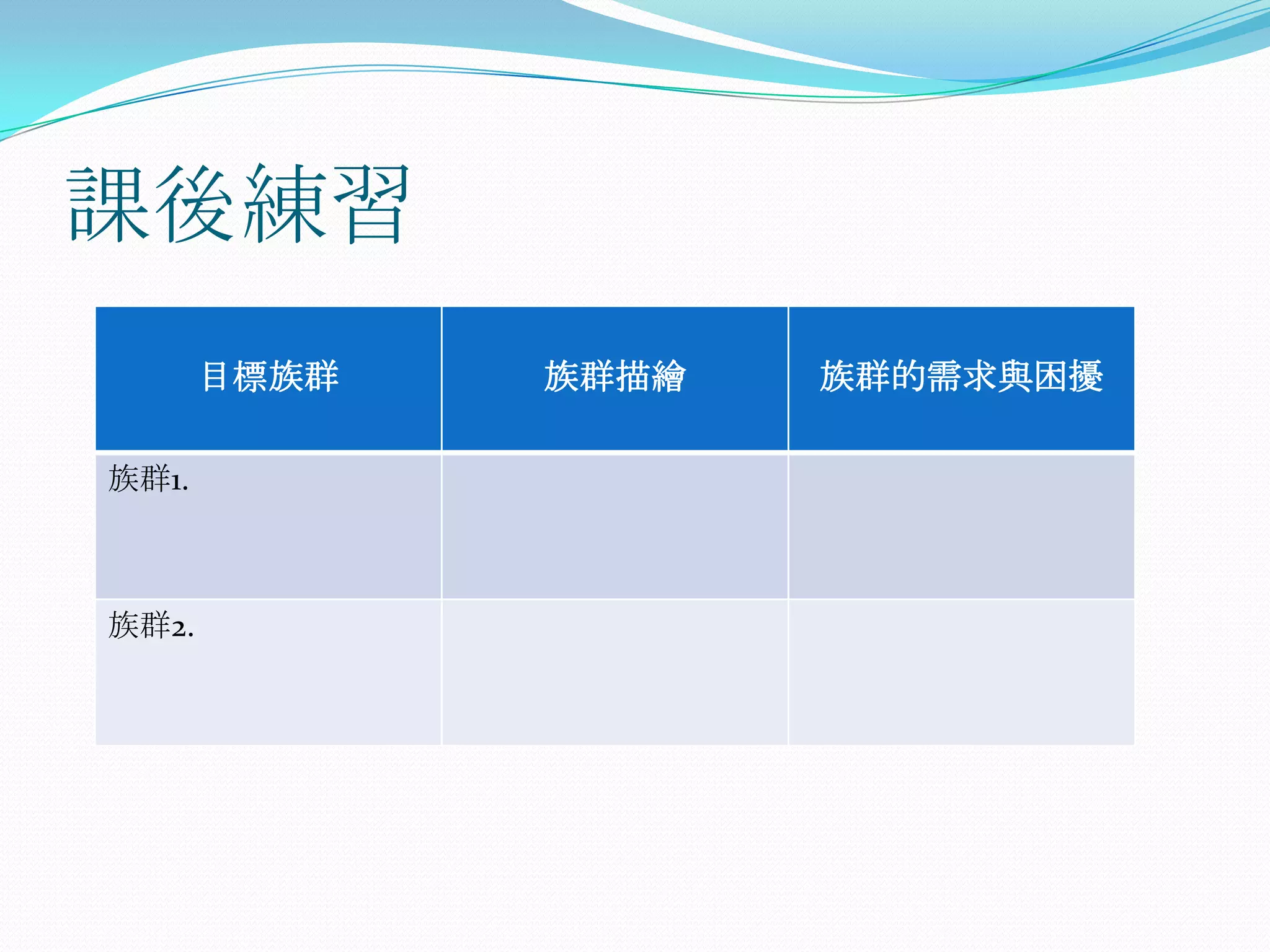 課後練習
       目標族群   族群描繪   族群的需求與困擾

族群1.



族群2.
 