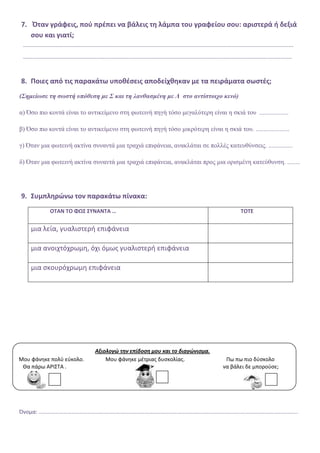 7. Όταν γράφεισ, ποφ πρζπει να βάλεισ τθ λάμπα του γραφείου ςου: αριςτερά ι δεξιά
   ςου και γιατί;
 ......................................................................................................................................................................
 .....................................................................................................................................................................


8. Ποιεσ από τισ παρακάτω υποκζςεισ αποδείχκθκαν με τα πειράματα ςωςτζσ;
(Σημείωσε τη σωστή υπόθεση με Σ και τη λανθασμένη με Λ στο αντίστοιχο κενό)

α) Όζο πιο κονηά είναι ηο ανηικείμενο ζηη θωηεινή πηγή ηόζο μεγαλύηερη είναι η ζκιά ηοσ ..................

β) Όζο πιο κονηά είναι ηο ανηικείμενο ζηη θωηεινή πηγή ηόζο μικρόηερη είναι η ζκιά ηοσ. .....................

γ) Όηαν μια θωηεινή ακηίνα ζσνανηά μια ηρατιά επιθάνεια, ανακλάηαι ζε πολλές καηεσθύνζεις. ...............

δ) Όηαν μια θωηεινή ακηίνα ζσνανηά μια ηρατιά επιθάνεια, ανακλάηαι προς μια οριζμένη καηεύθσνζη. ........




9. Συμπλθρϊνω τον παρακάτω πίνακα:
                 ΟΤΑΝ ΤΟ ΦΩΣ ΣΥΝΑΝΤΑ …                                                                                                ΤΟΤΕ


     μια λεία, γυαλιςτερι επιφάνεια

     μια ανοιχτόχρωμθ, όχι όμωσ γυαλιςτερι επιφάνεια

     μια ςκουρόχρωμθ επιφάνεια




                                             Αξιολογώ την επίδοση μου και το διαγώνισμα.
Μου φάνθκε πολφ εφκολο.                          Μου φάνθκε μζτριασ δυςκολίασ.                                              Πω πω πιο δφςκολο
 Θα πάρω ΑΡΙ΢ΣΑ .                                                                                                          να βάλει δε μποροφςε;




Όνομα: …………………………………………………………………………………………………………………………………..…………………………………..
 