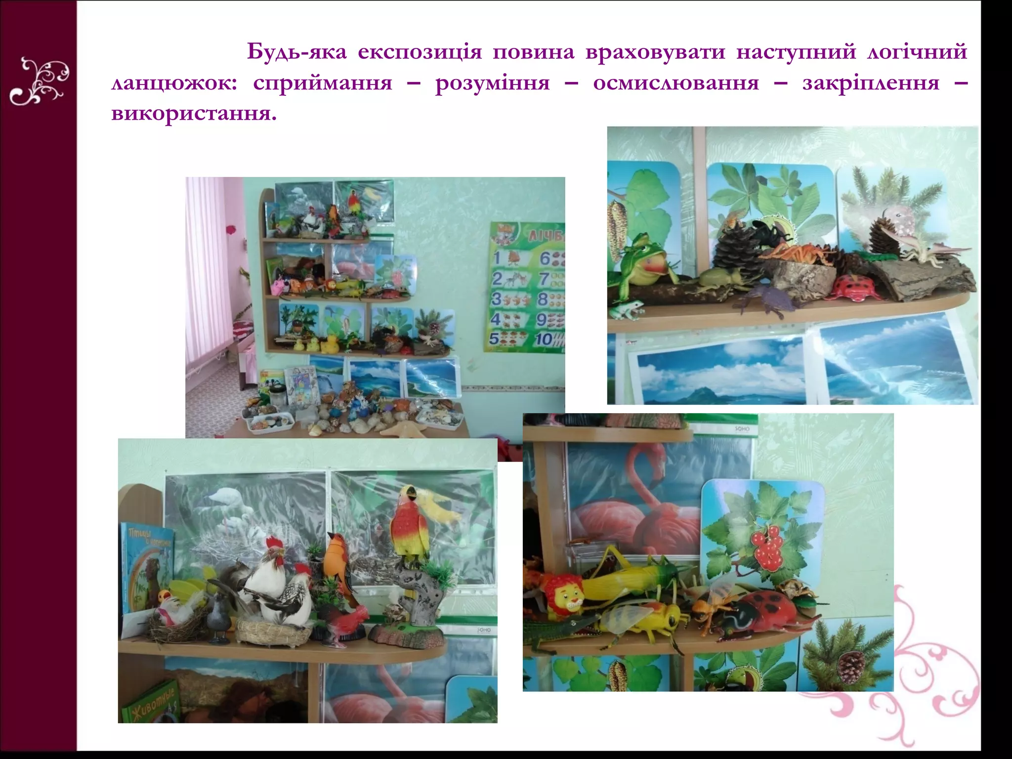 Будь-яка експозиція повина враховувати наступний логічний
ланцюжок: сприймання – розуміння – осмислювання – закріплення –
використання.
 