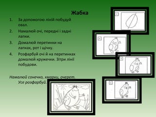 Жабка
1.   За допомогою ліній побудуй
     овал.
2.   Намалюй очі, передні і задні
     лапки.
3.   Домалюй перетинки на
     лапках, рот і щічку.
4.   Розфарбуй очі й на перетинках
     домалюй кружечки. Зітри лінії
     побудови.

Намалюй сонечко, хмарки, очерет.
   Усе розфарбуй.
 